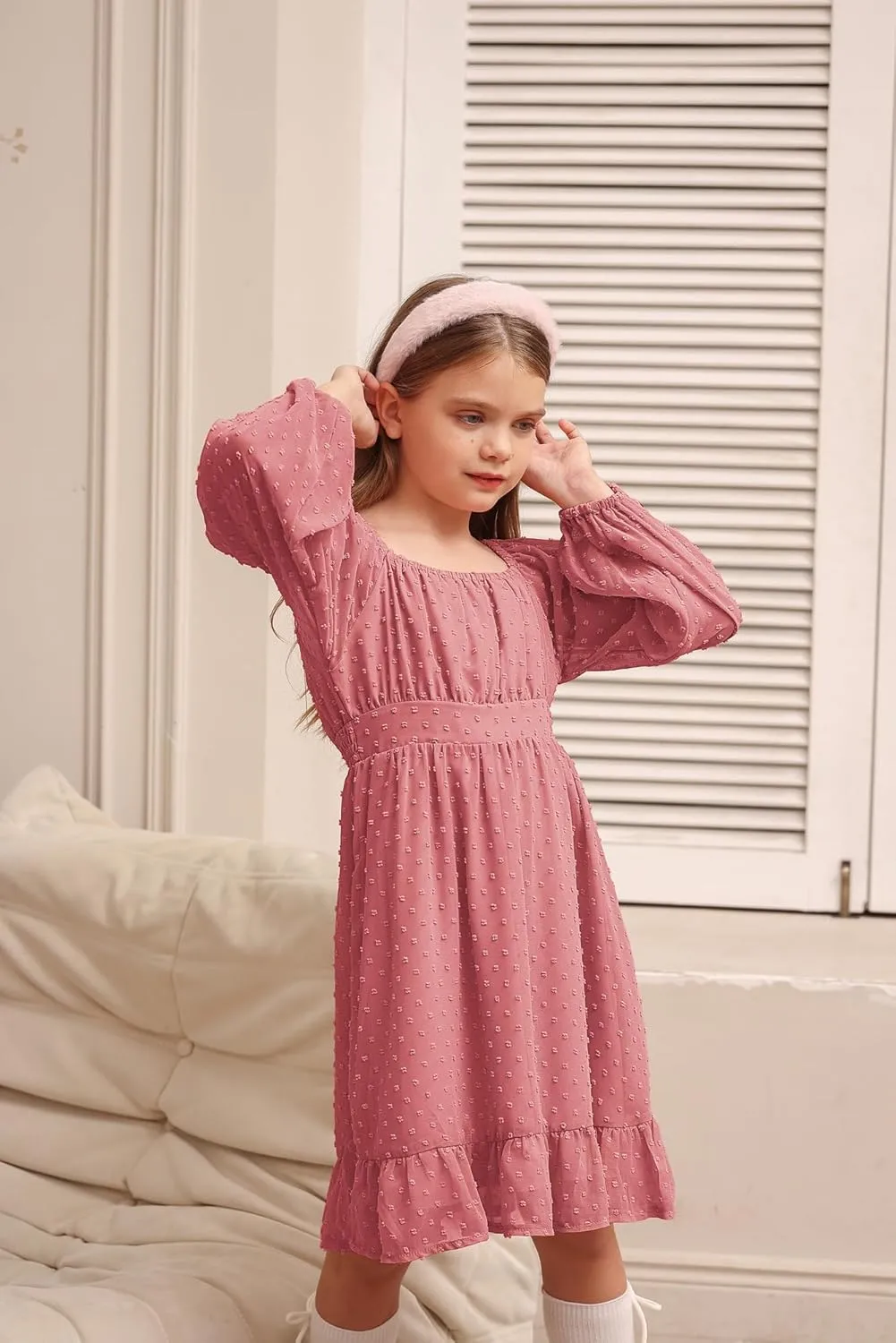 GRACE KARIN Girls Ruffle Tiered Dress Long Sleeve Swiss Dot Flowy A-Line Dress 6-14Y