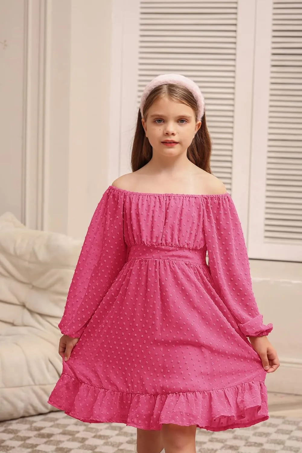 GRACE KARIN Girls Ruffle Tiered Dress Long Sleeve Swiss Dot Flowy A-Line Dress 6-14Y