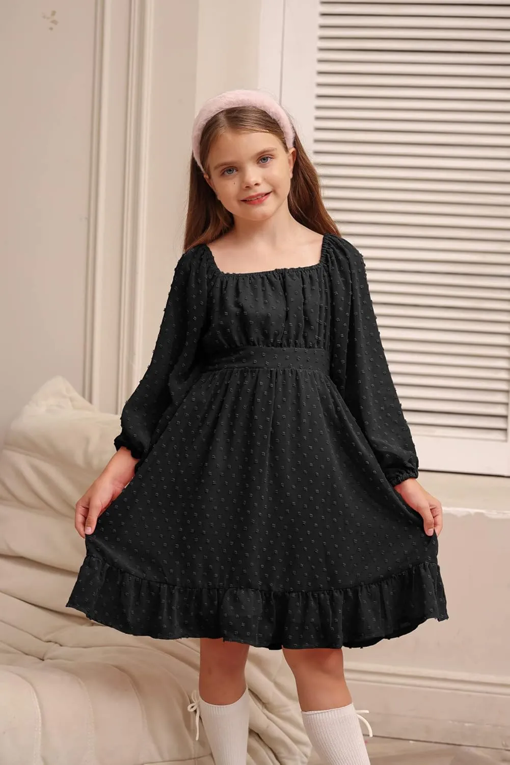 GRACE KARIN Girls Ruffle Tiered Dress Long Sleeve Swiss Dot Flowy A-Line Dress 6-14Y