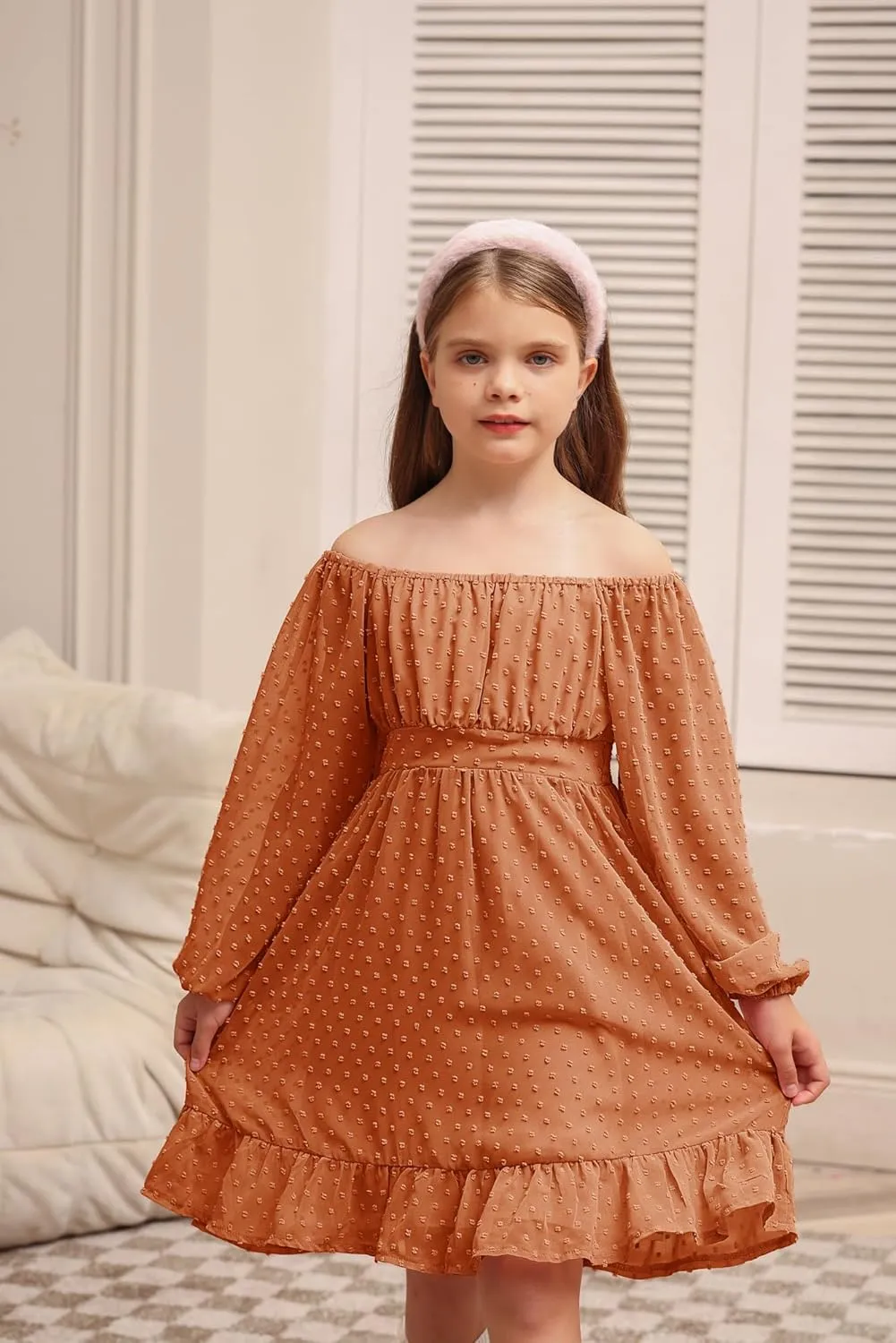 GRACE KARIN Girls Ruffle Tiered Dress Long Sleeve Swiss Dot Flowy A-Line Dress 6-14Y