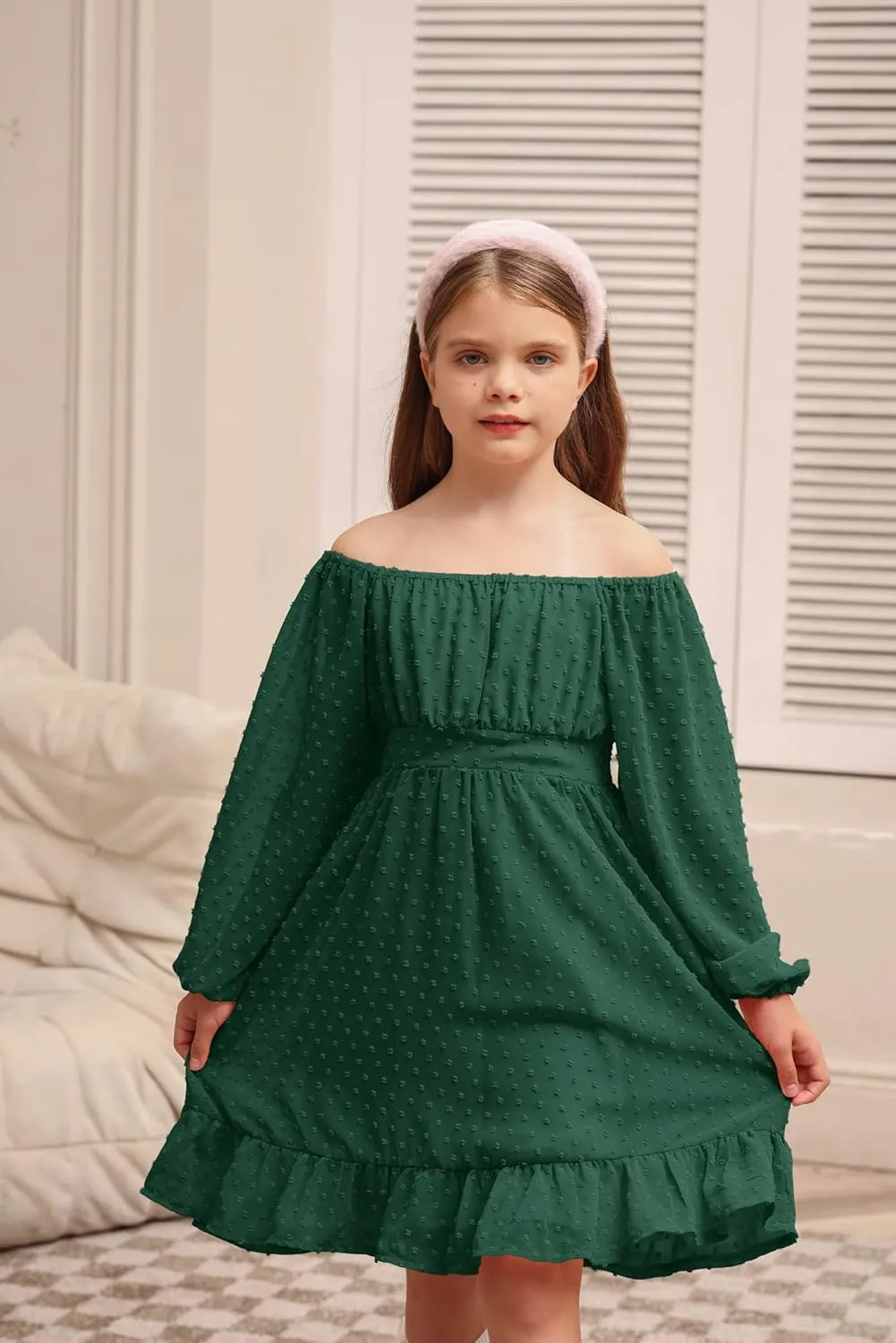 GRACE KARIN Girls Ruffle Tiered Dress Long Sleeve Swiss Dot Flowy A-Line Dress 6-14Y