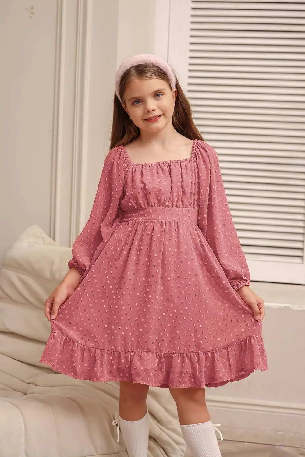 GRACE KARIN Girls Ruffle Tiered Dress Long Sleeve Swiss Dot Flowy A-Line Dress 6-14Y