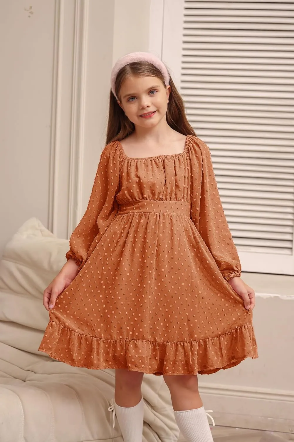 GRACE KARIN Girls Ruffle Tiered Dress Long Sleeve Swiss Dot Flowy A-Line Dress 6-14Y