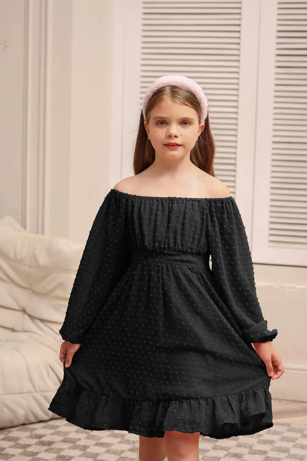 GRACE KARIN Girls Ruffle Tiered Dress Long Sleeve Swiss Dot Flowy A-Line Dress 6-14Y