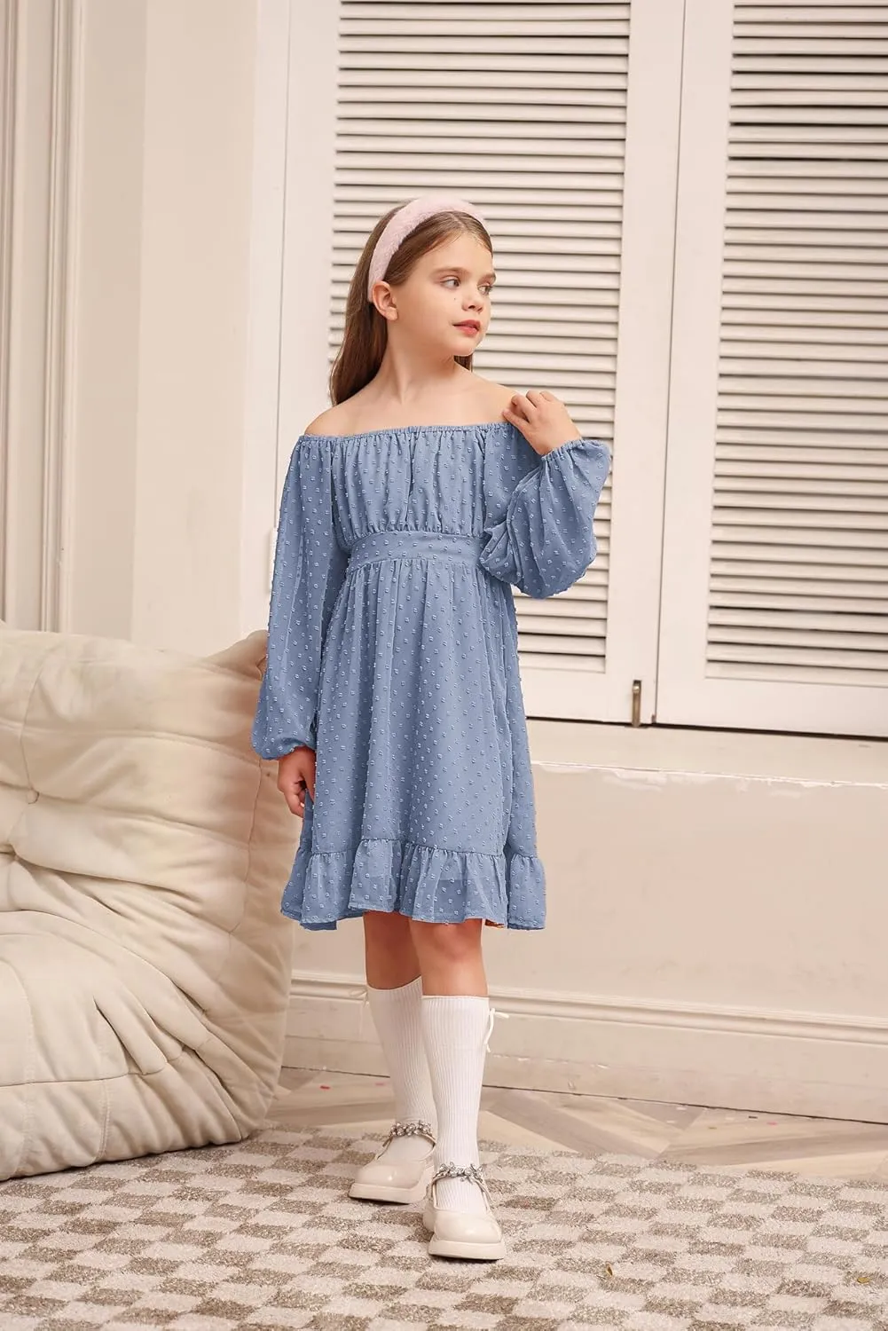 GRACE KARIN Girls Ruffle Tiered Dress Long Sleeve Swiss Dot Flowy A-Line Dress 6-14Y