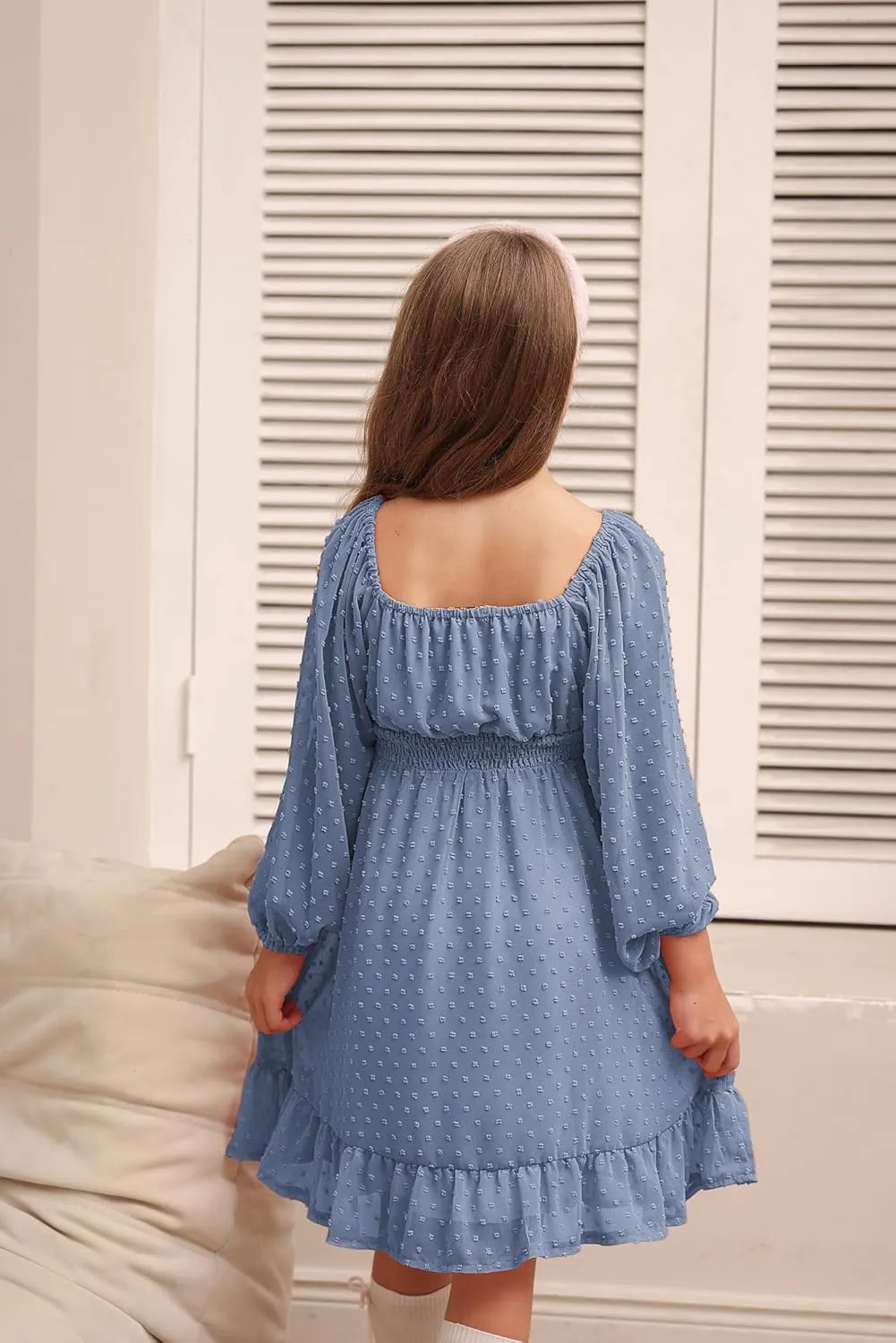 GRACE KARIN Girls Ruffle Tiered Dress Long Sleeve Swiss Dot Flowy A-Line Dress 6-14Y