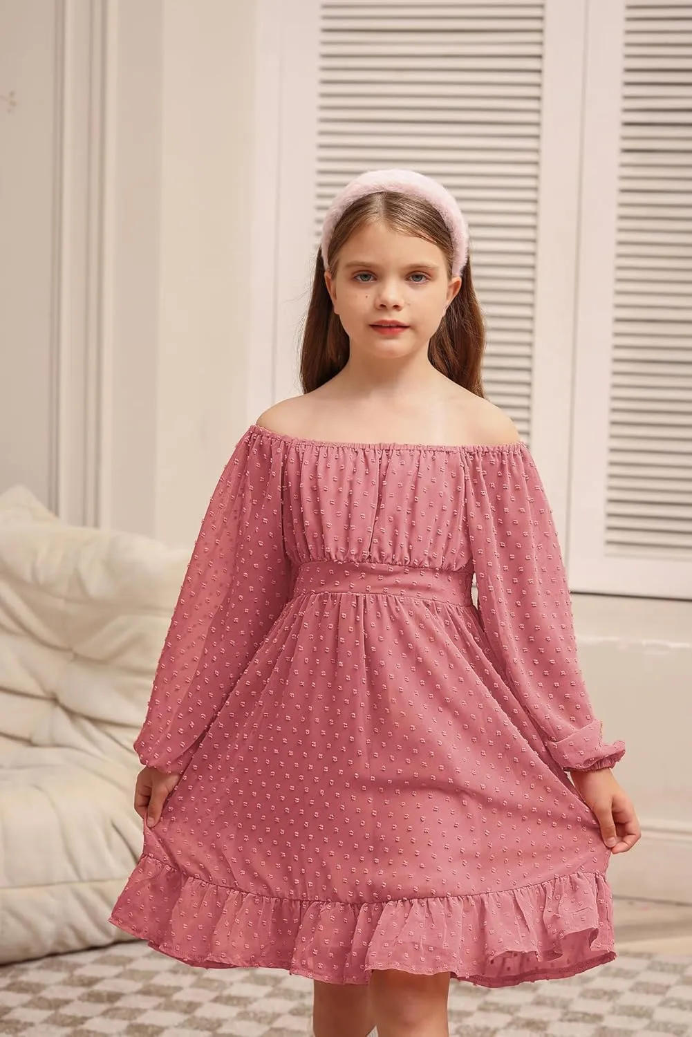 GRACE KARIN Girls Ruffle Tiered Dress Long Sleeve Swiss Dot Flowy A-Line Dress 6-14Y