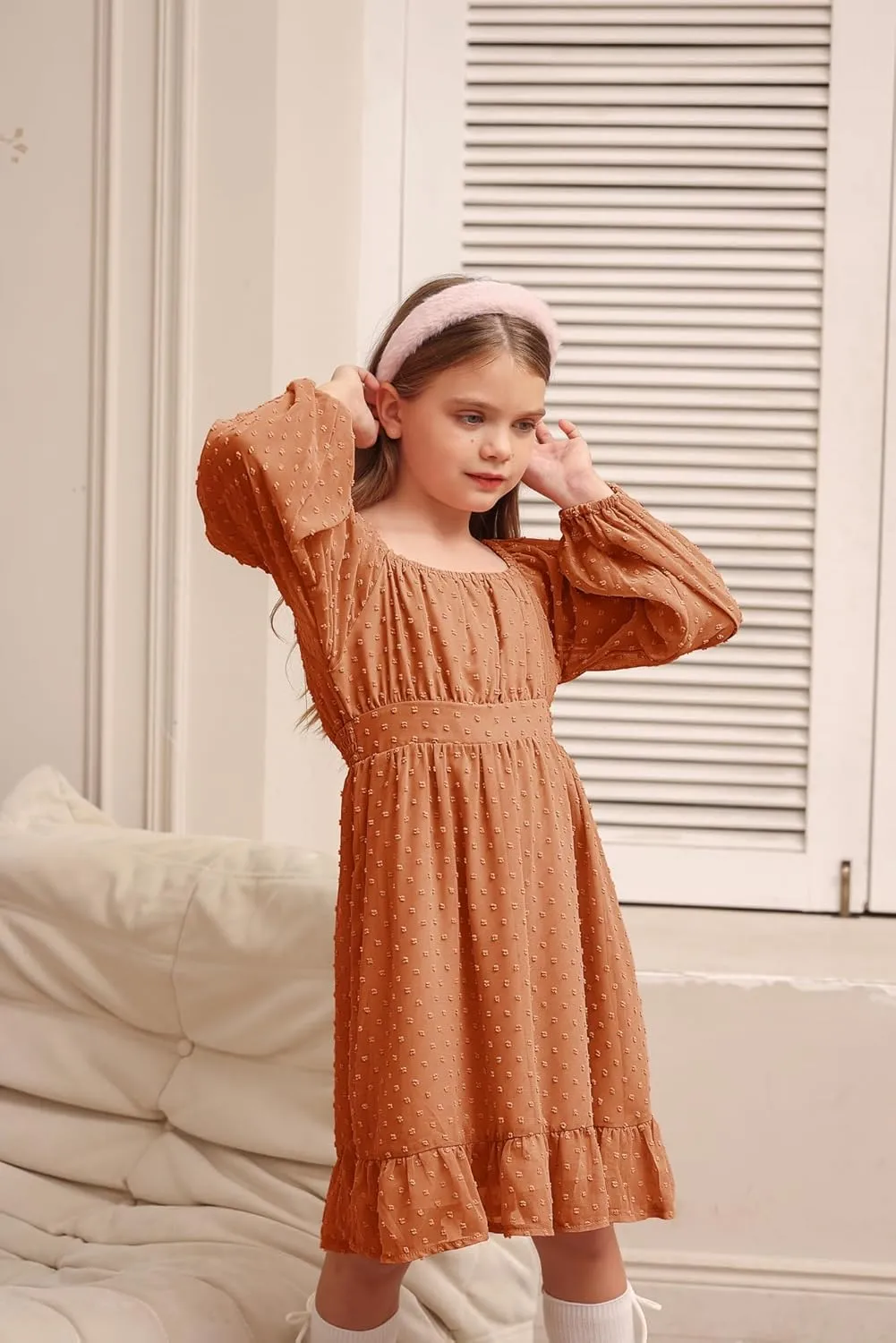 GRACE KARIN Girls Ruffle Tiered Dress Long Sleeve Swiss Dot Flowy A-Line Dress 6-14Y