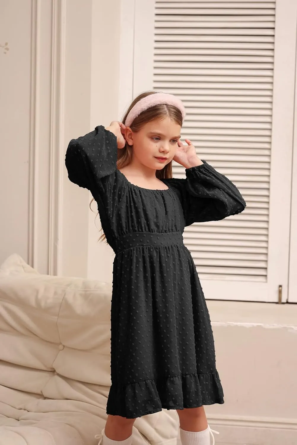 GRACE KARIN Girls Ruffle Tiered Dress Long Sleeve Swiss Dot Flowy A-Line Dress 6-14Y