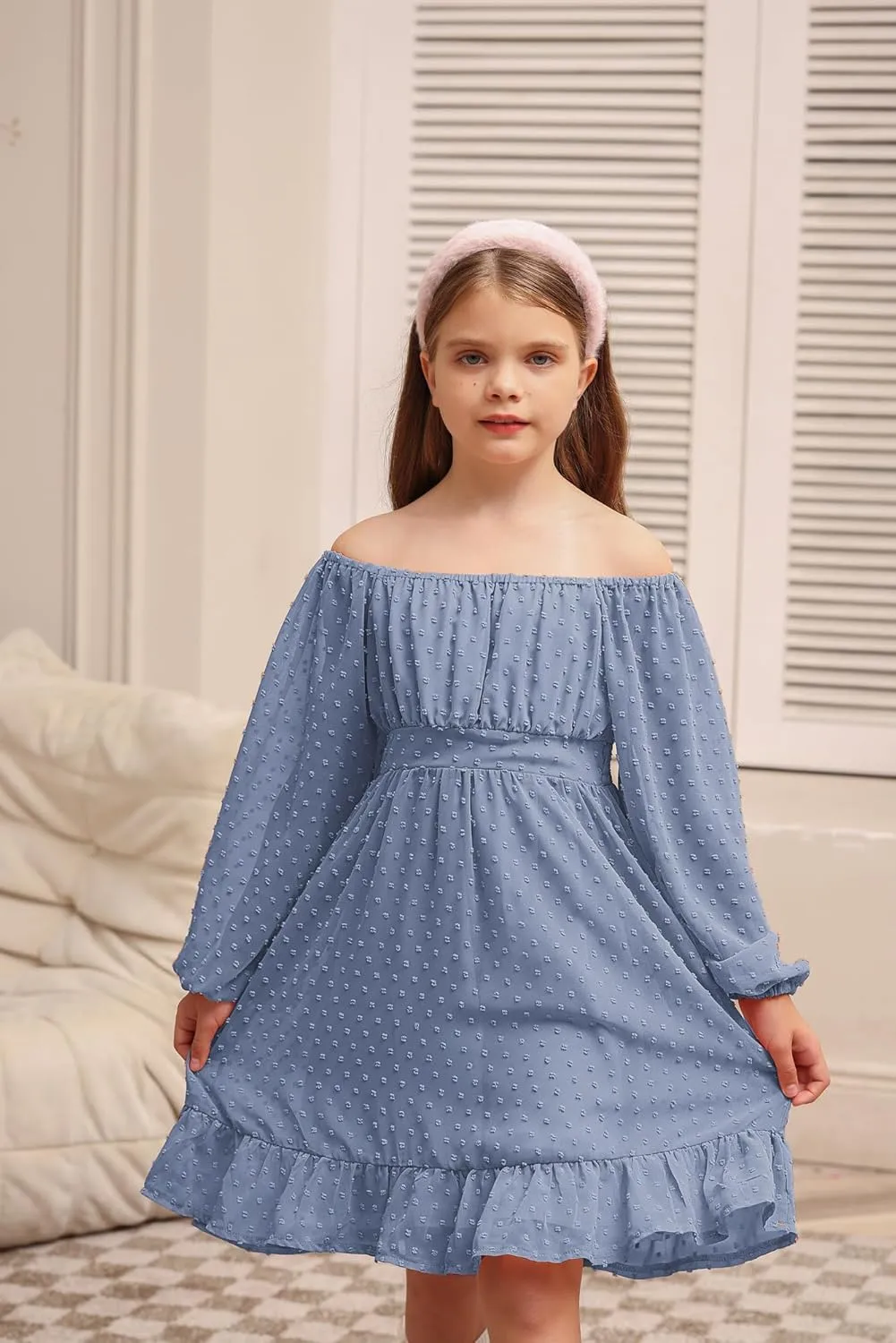 GRACE KARIN Girls Ruffle Tiered Dress Long Sleeve Swiss Dot Flowy A-Line Dress 6-14Y