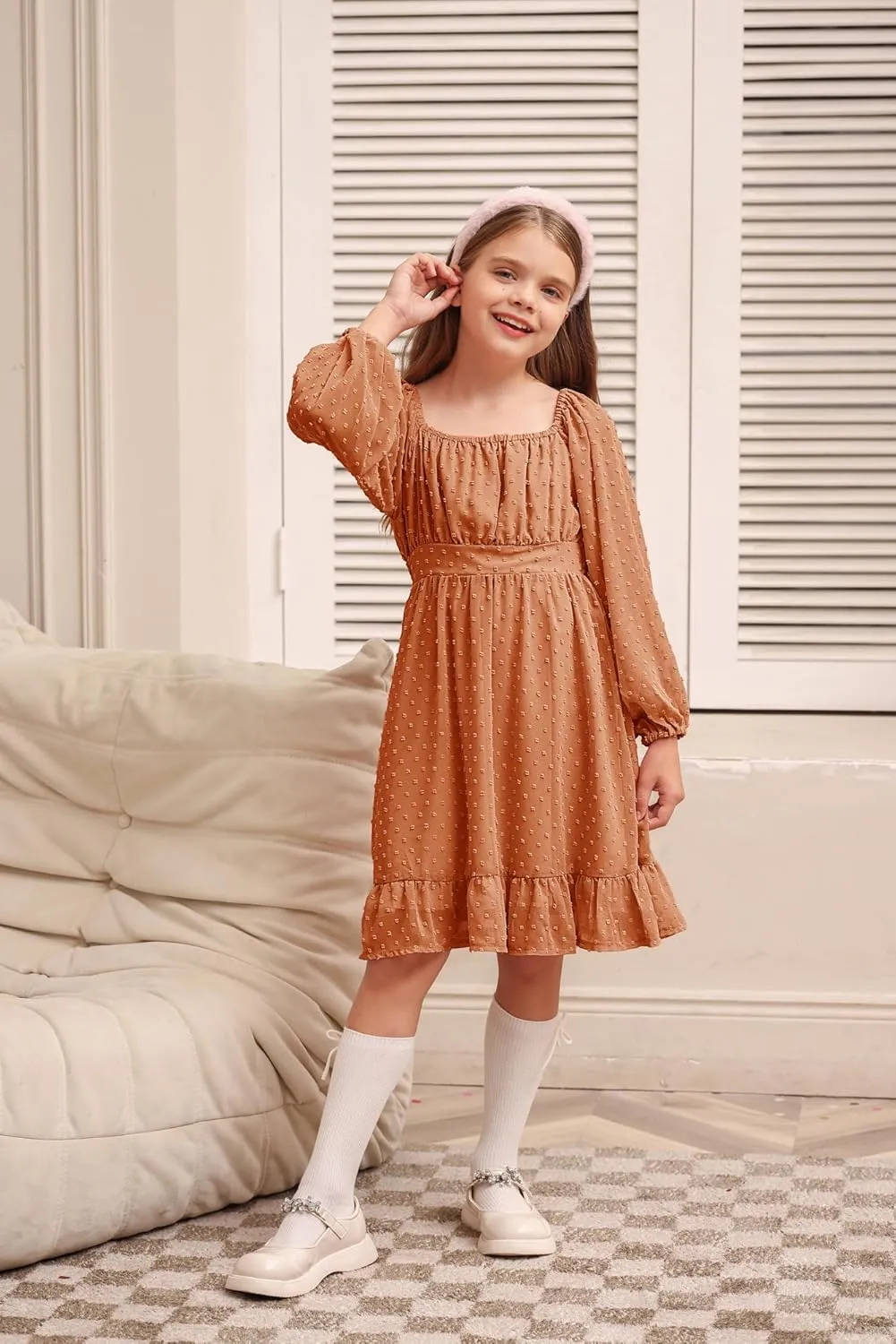 GRACE KARIN Girls Ruffle Tiered Dress Long Sleeve Swiss Dot Flowy A-Line Dress 6-14Y