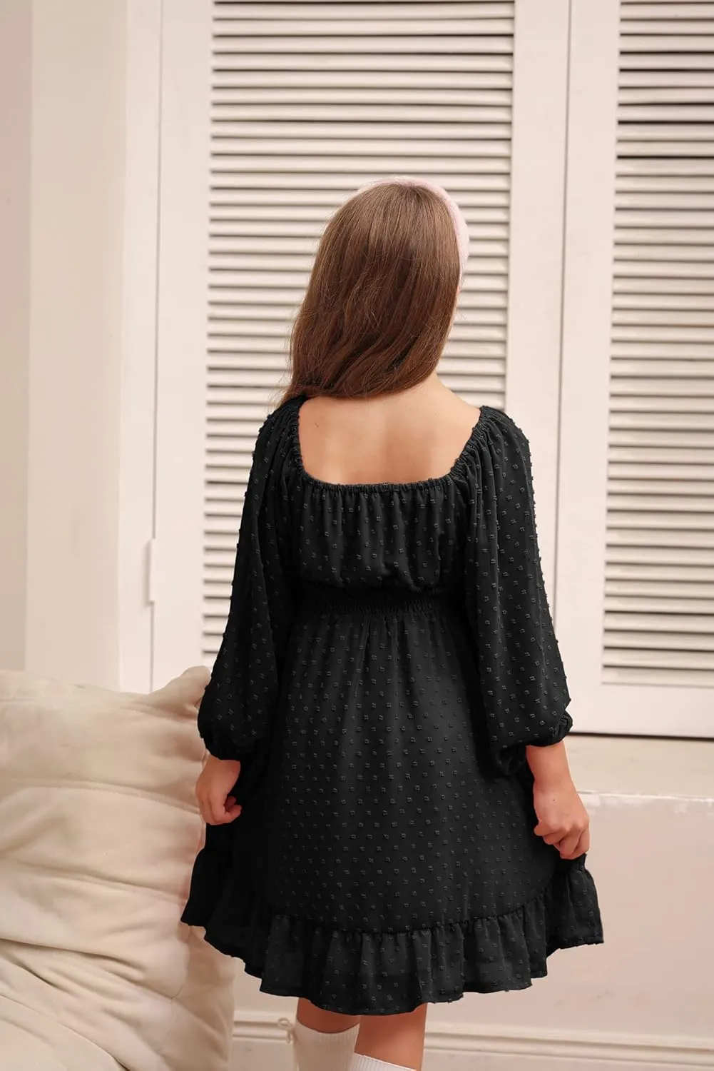 GRACE KARIN Girls Ruffle Tiered Dress Long Sleeve Swiss Dot Flowy A-Line Dress 6-14Y