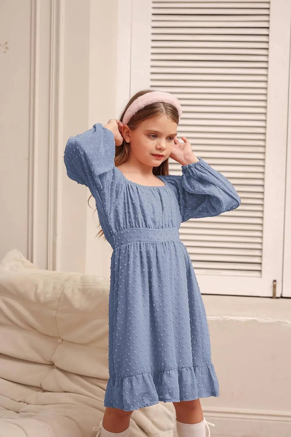 GRACE KARIN Girls Ruffle Tiered Dress Long Sleeve Swiss Dot Flowy A-Line Dress 6-14Y