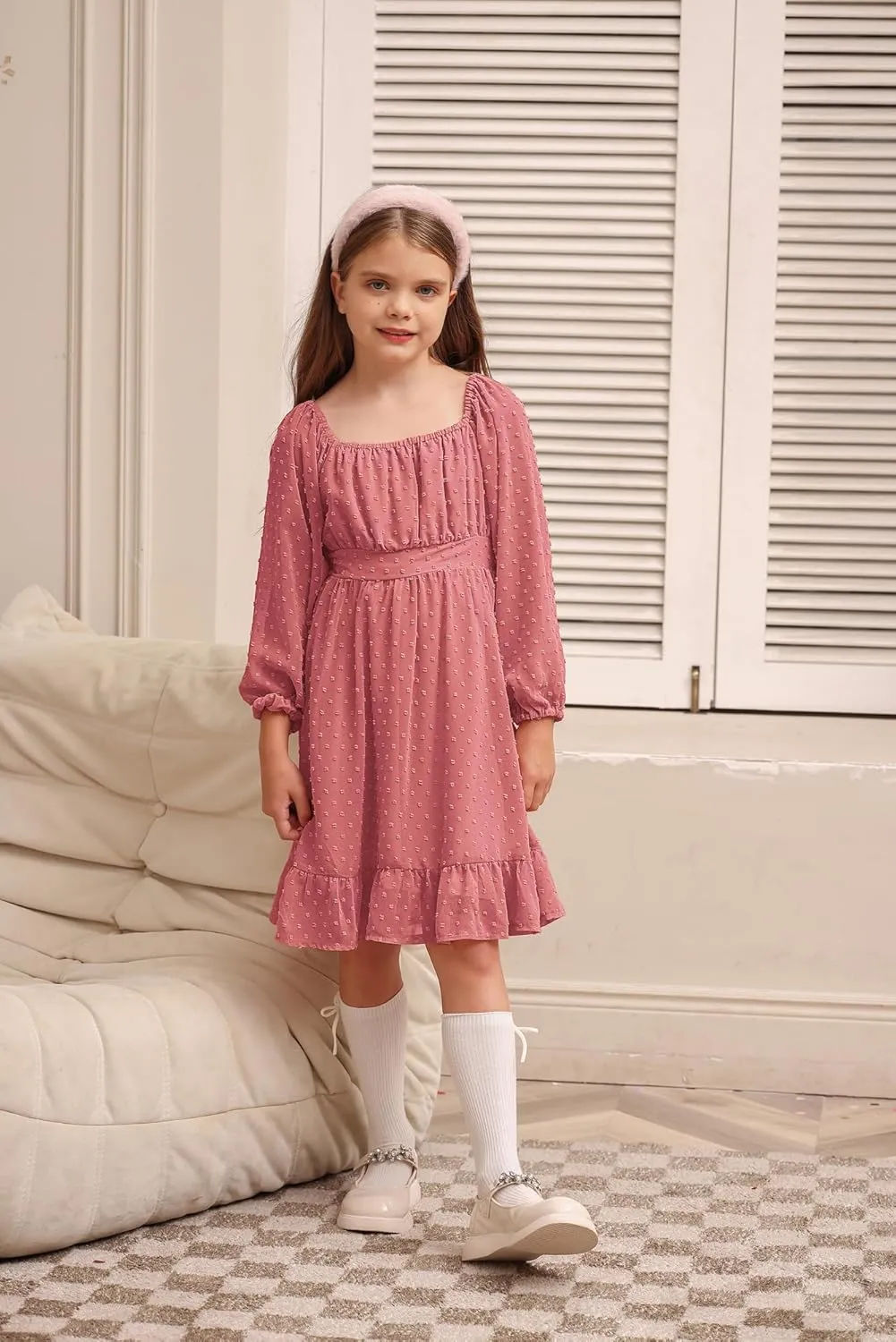 GRACE KARIN Girls Ruffle Tiered Dress Long Sleeve Swiss Dot Flowy A-Line Dress 6-14Y