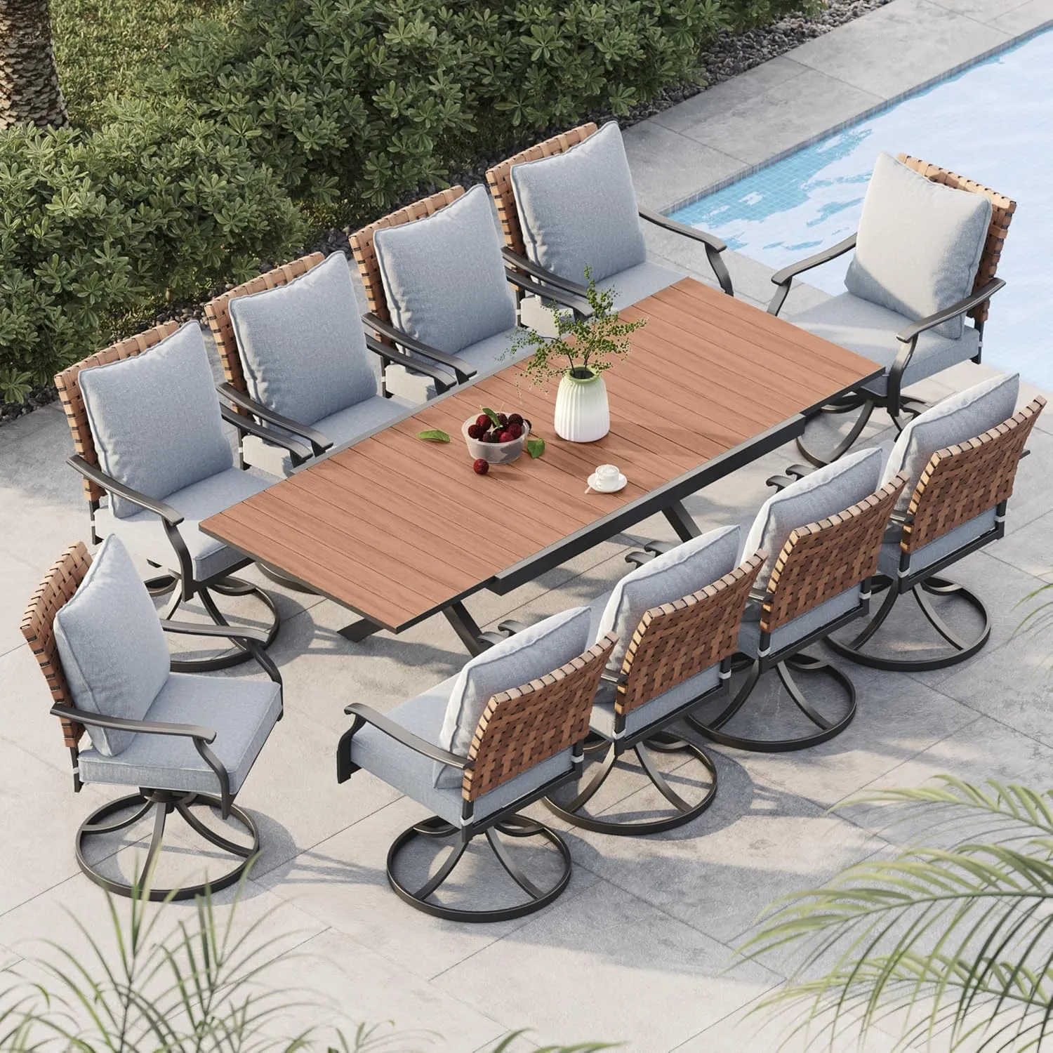 Grand patio 11-Piece Outdoor Dining Set, 10 Leather-Look Wicker Swivel Patio Chairs & 1 Extendable Rectangular Dining Table, Brown
