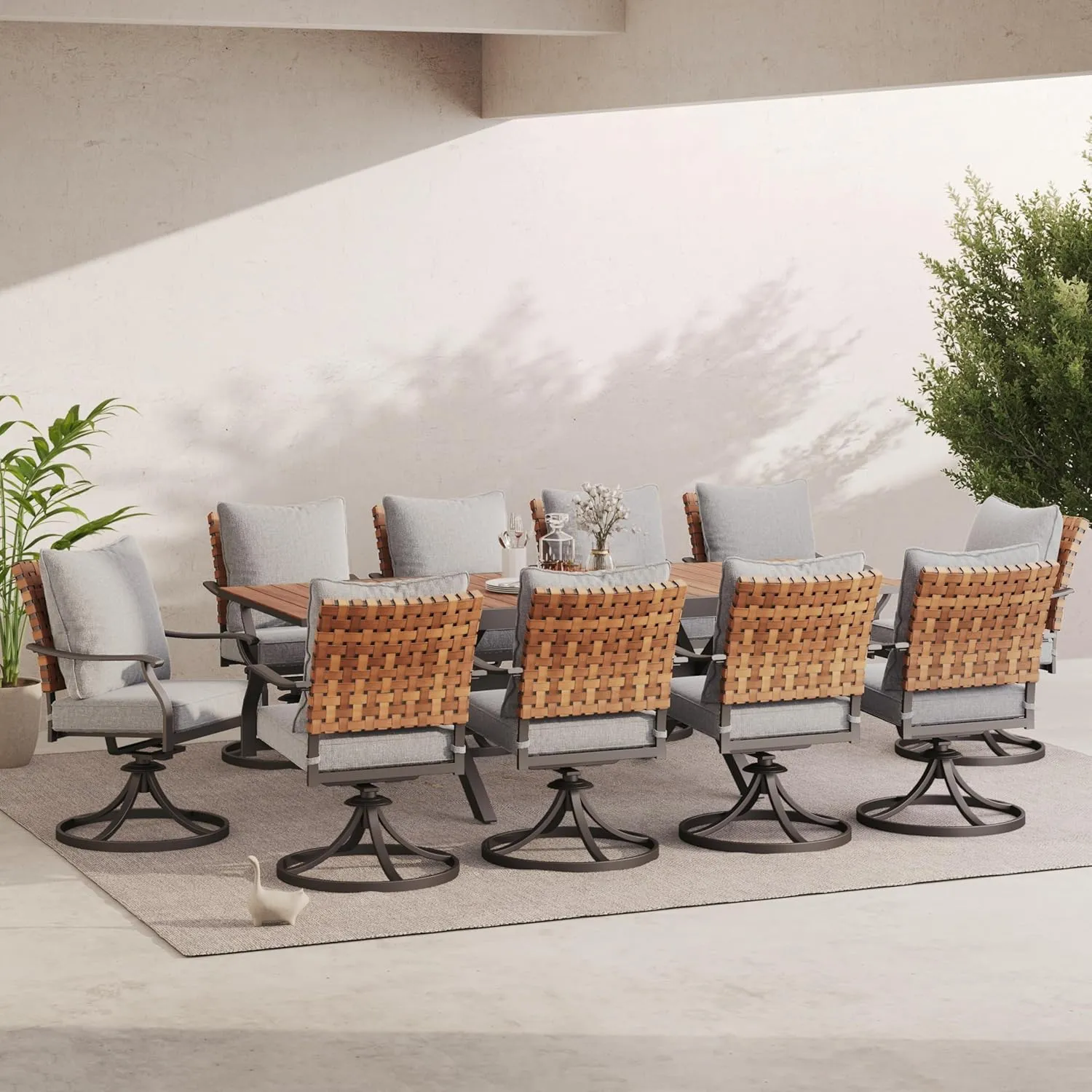 Grand patio 11-Piece Outdoor Dining Set, 10 Leather-Look Wicker Swivel Patio Chairs & 1 Extendable Rectangular Dining Table, Brown