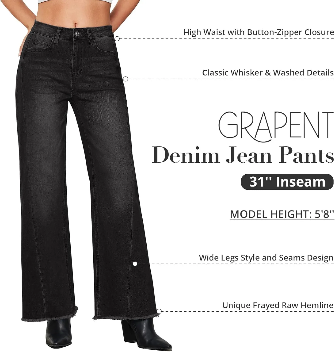 GRAPENT Wide Leg Jeans for Women High Waisted Trendy Strechy Denim Pants Side Seam Frayed Hem Baggy Work Trouser Jeans