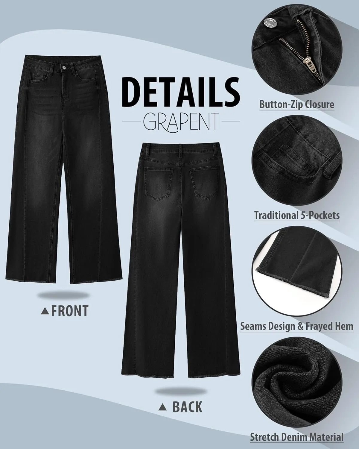 GRAPENT Wide Leg Jeans for Women High Waisted Trendy Strechy Denim Pants Side Seam Frayed Hem Baggy Work Trouser Jeans