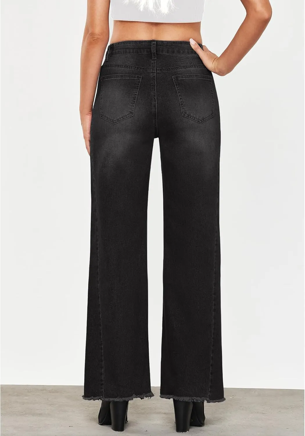 GRAPENT Wide Leg Jeans for Women High Waisted Trendy Strechy Denim Pants Side Seam Frayed Hem Baggy Work Trouser Jeans