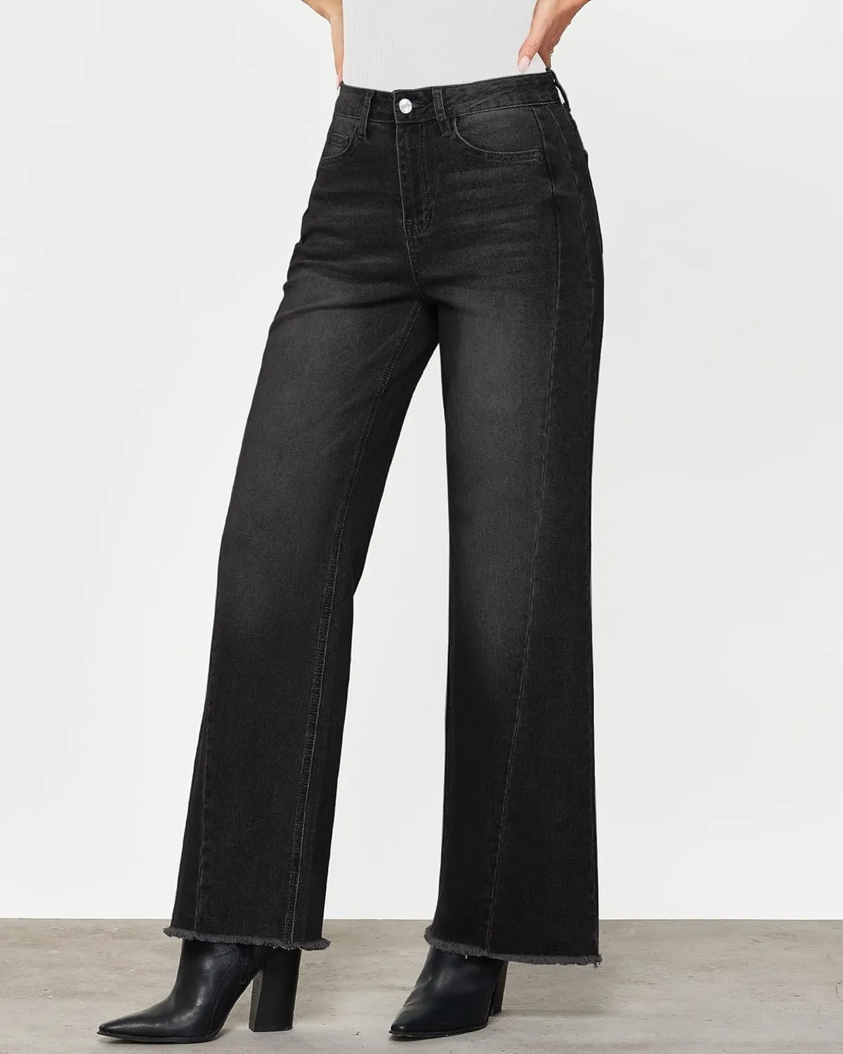 GRAPENT Wide Leg Jeans for Women High Waisted Trendy Strechy Denim Pants Side Seam Frayed Hem Baggy Work Trouser Jeans