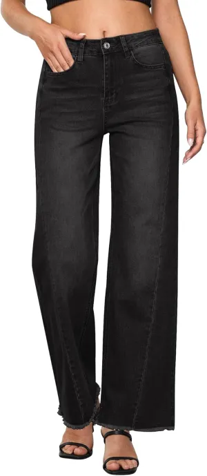 GRAPENT Wide Leg Jeans for Women High Waisted Trendy Strechy Denim Pants Side Seam Frayed Hem Baggy Work Trouser Jeans