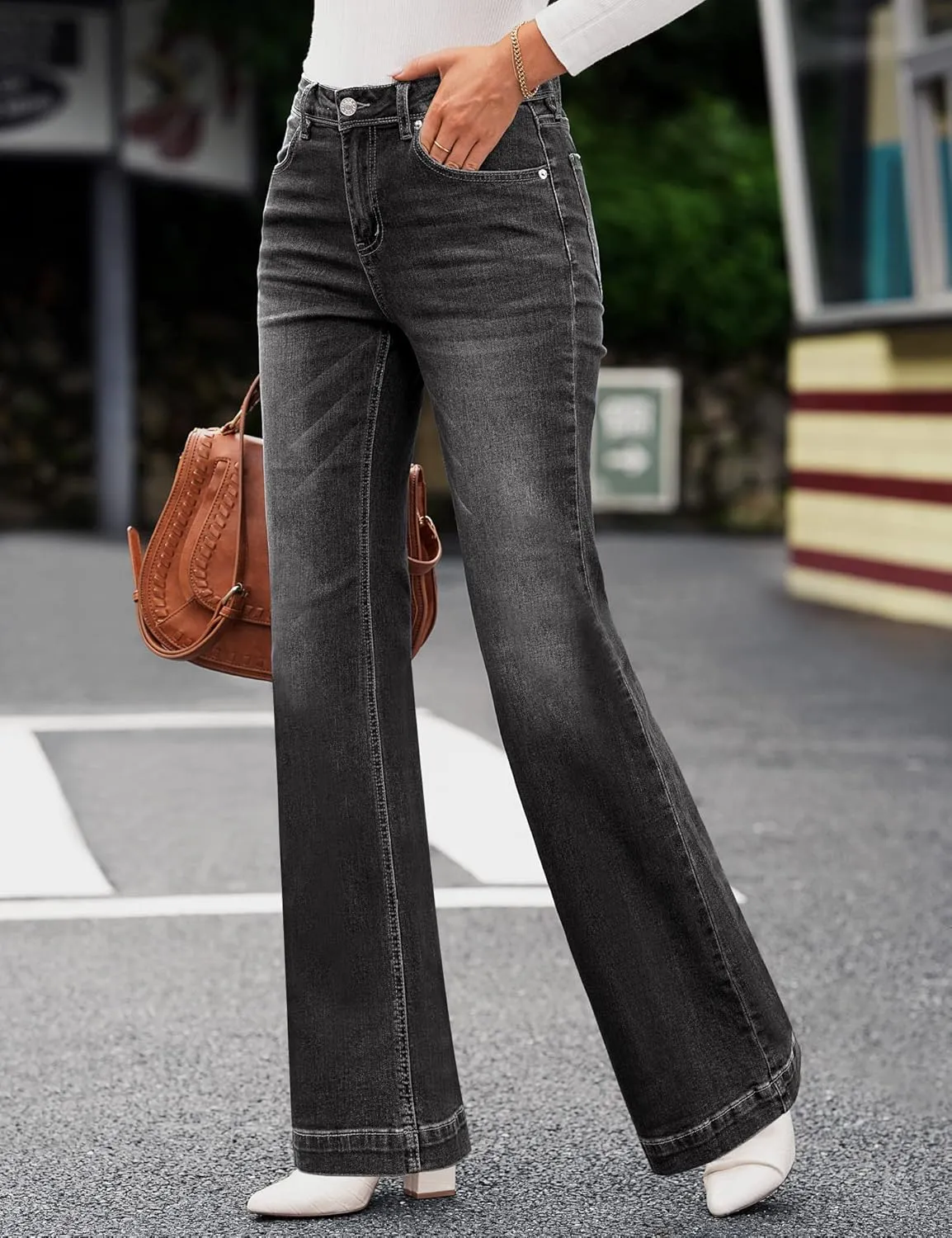 GRAPENT Womens Flare Jeans High Waisted Wide Leg Baggy Jean for Women Stretch Denim Pants