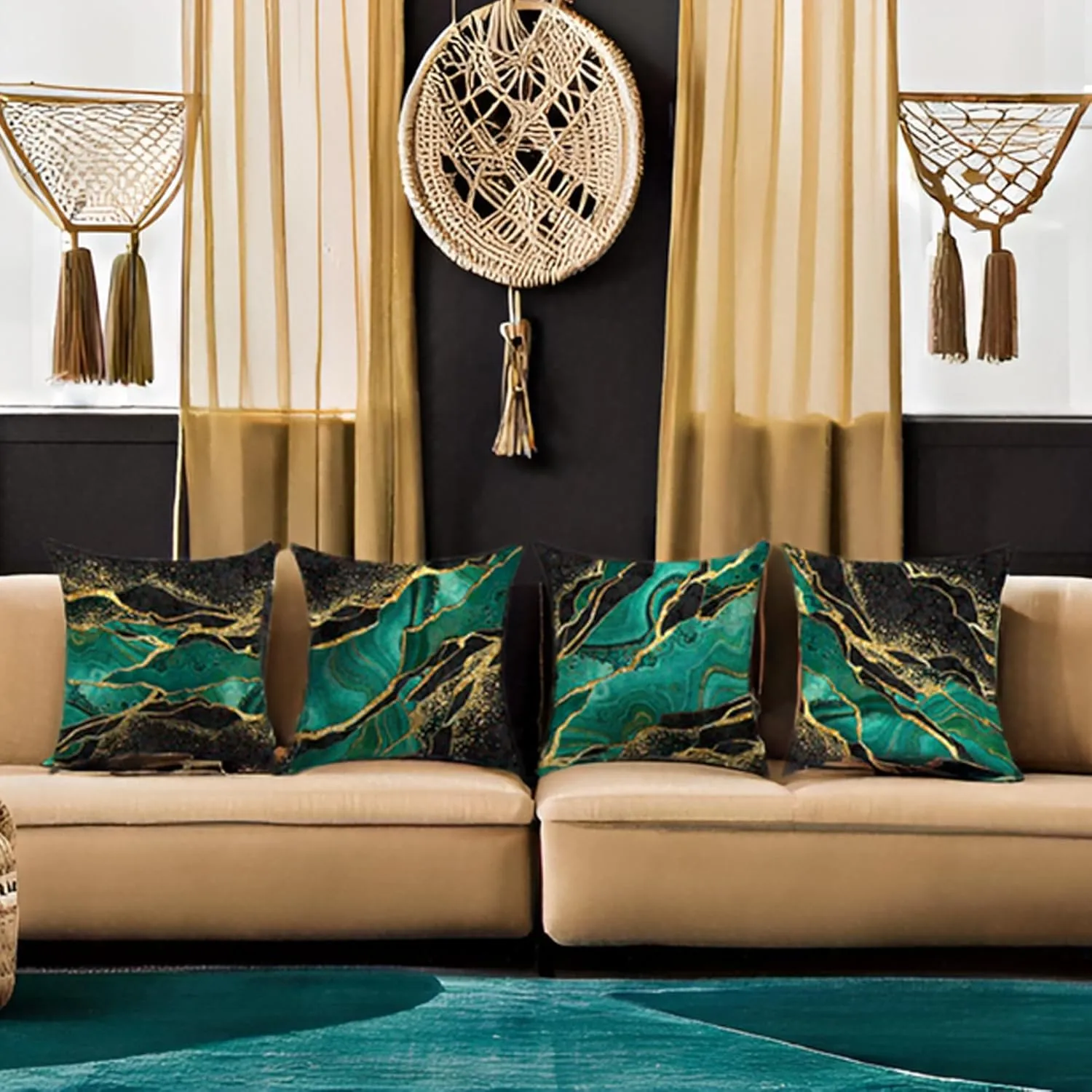 Green and Gold Black Decorative Throw Pillow Covers 18 x 18 Inch Set of 4 Pillow Covers for Home Room Decor Car Sofa Chair Bedroom Couch Square Cushion Cover Pillow Cases