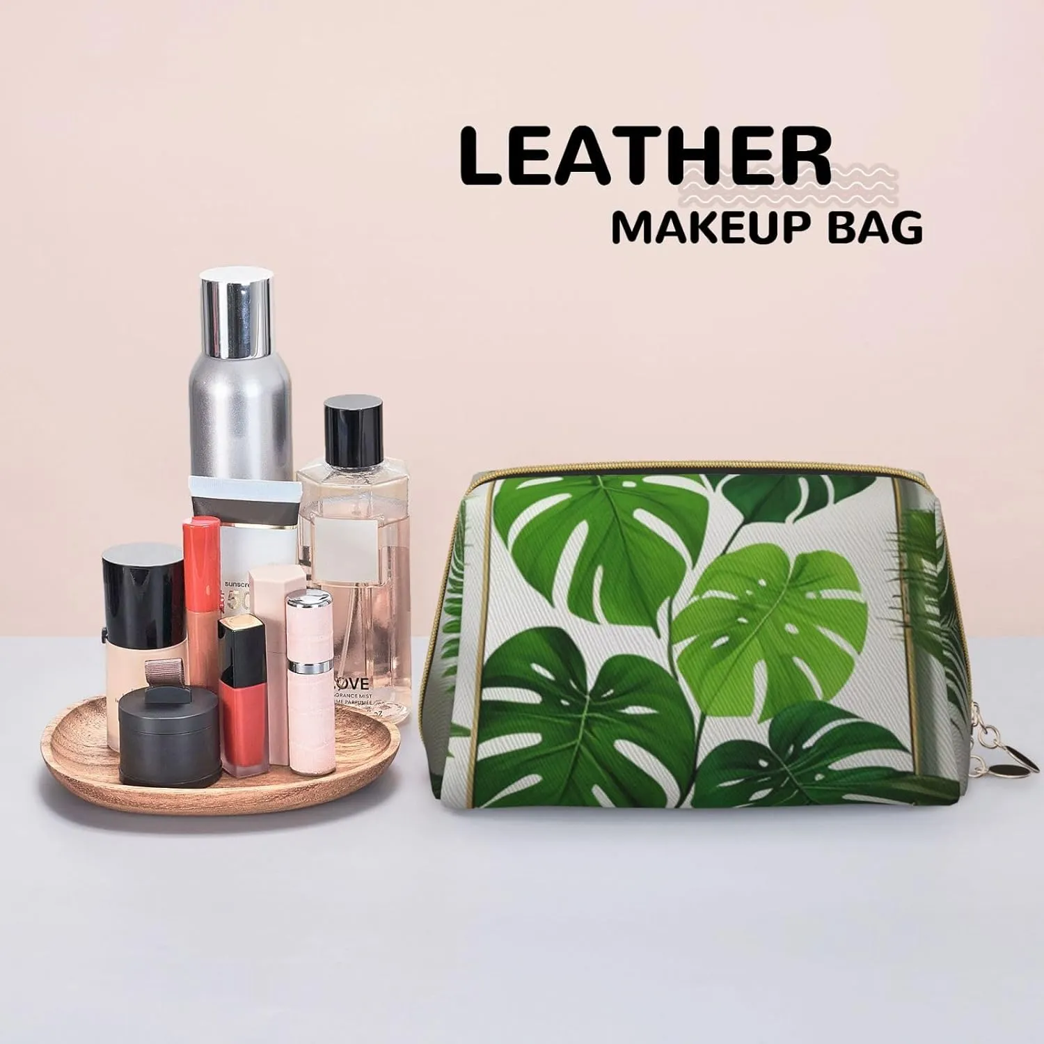 Green Tropical Jungle Plant Printed Small Makeup Bag,Travel Cosmetic Bag Purse with Zipper,Water-resistant Makeup Organizer Bag for Women