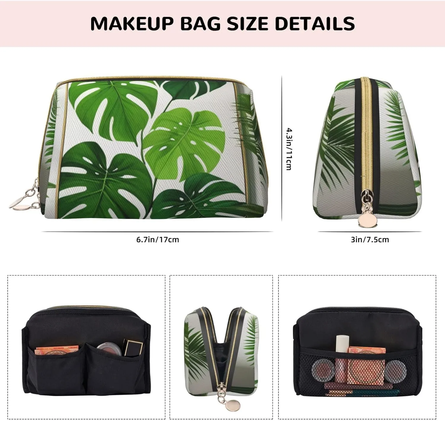 Green Tropical Jungle Plant Printed Small Makeup Bag,Travel Cosmetic Bag Purse with Zipper,Water-resistant Makeup Organizer Bag for Women