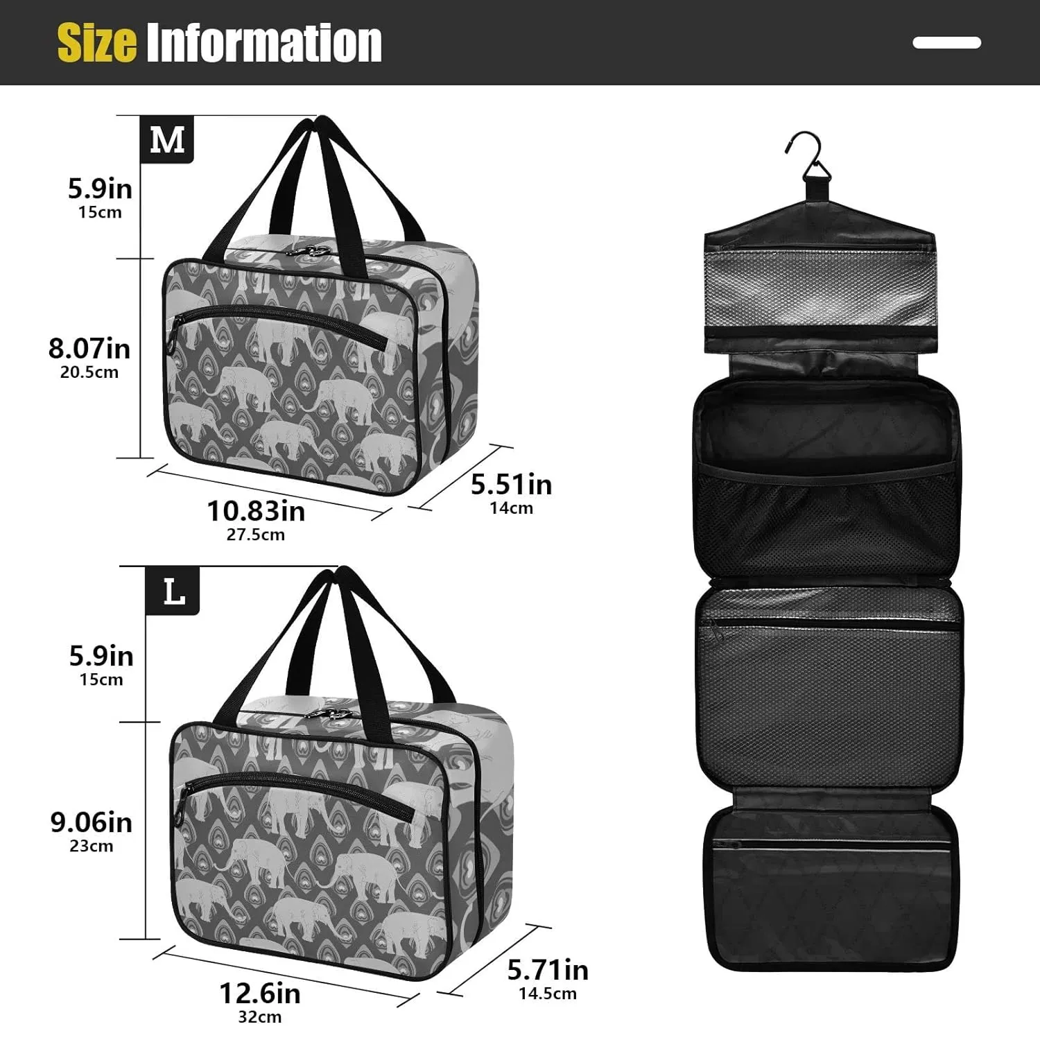 Grey Monochrome Tribal Ethnic Indian Elephant Peacock Feather 1 PC Hanging Travel Wash bag with Handles, Portable Makeup Organizer Brush Storage Case Portable Travel Cosmetic with Hook M