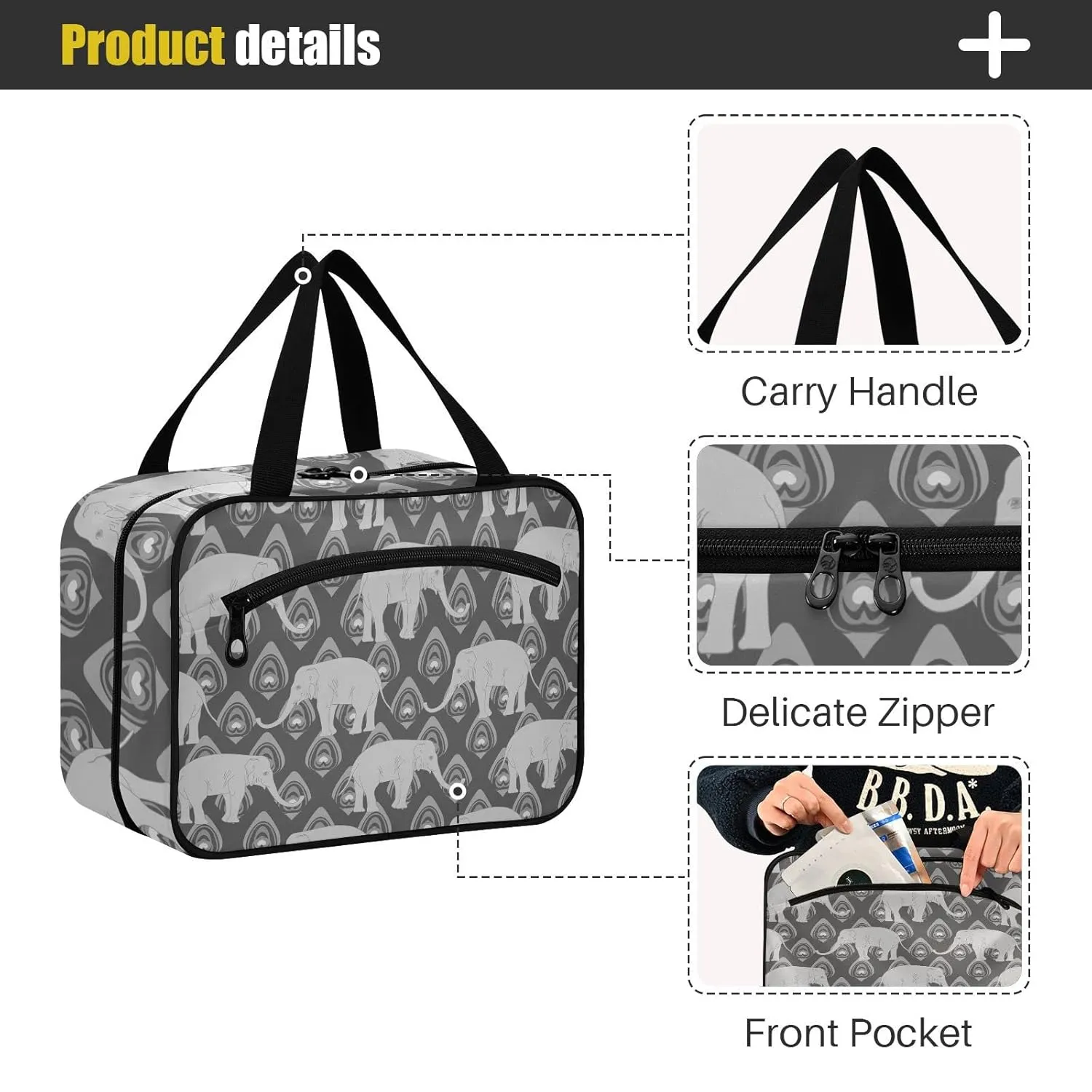 Grey Monochrome Tribal Ethnic Indian Elephant Peacock Feather 1 PC Hanging Travel Wash bag with Handles, Portable Makeup Organizer Brush Storage Case Portable Travel Cosmetic with Hook M