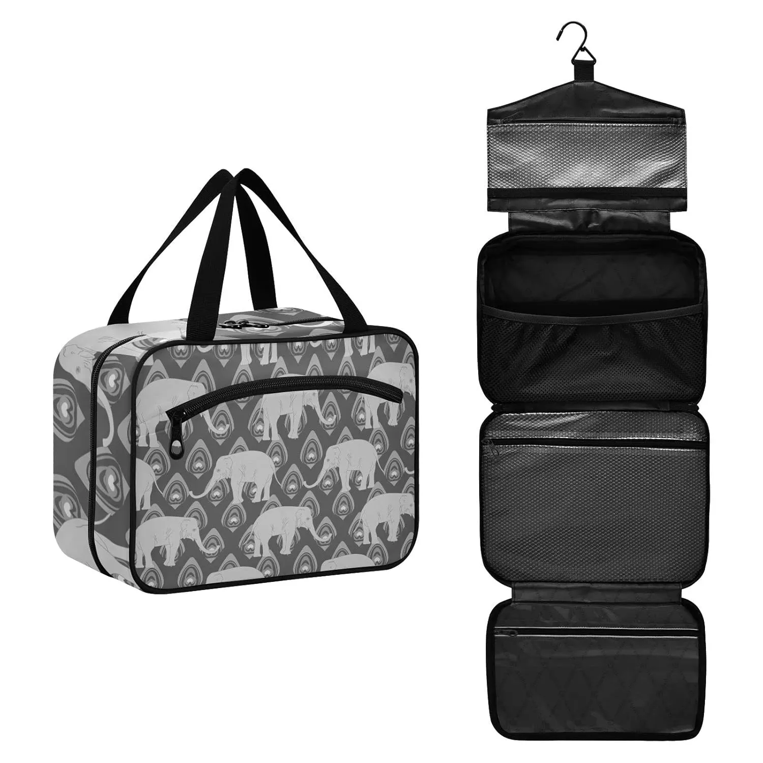Grey Monochrome Tribal Ethnic Indian Elephant Peacock Feather 1 PC Hanging Travel Wash bag with Handles, Portable Makeup Organizer Brush Storage Case Portable Travel Cosmetic with Hook M