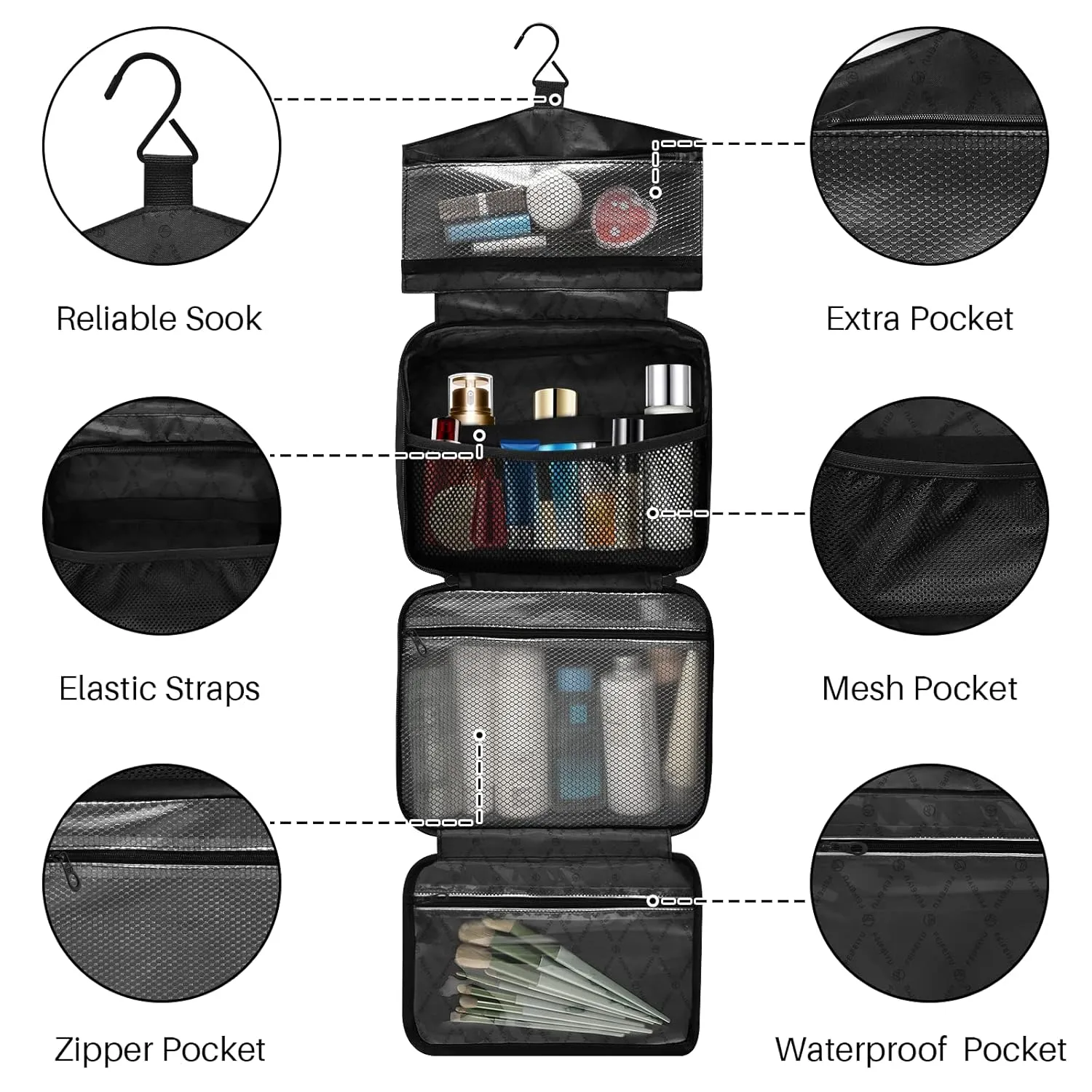 Grey Monochrome Tribal Ethnic Indian Elephant Peacock Feather 1 PC Hanging Travel Wash bag with Handles, Portable Makeup Organizer Brush Storage Case Portable Travel Cosmetic with Hook M