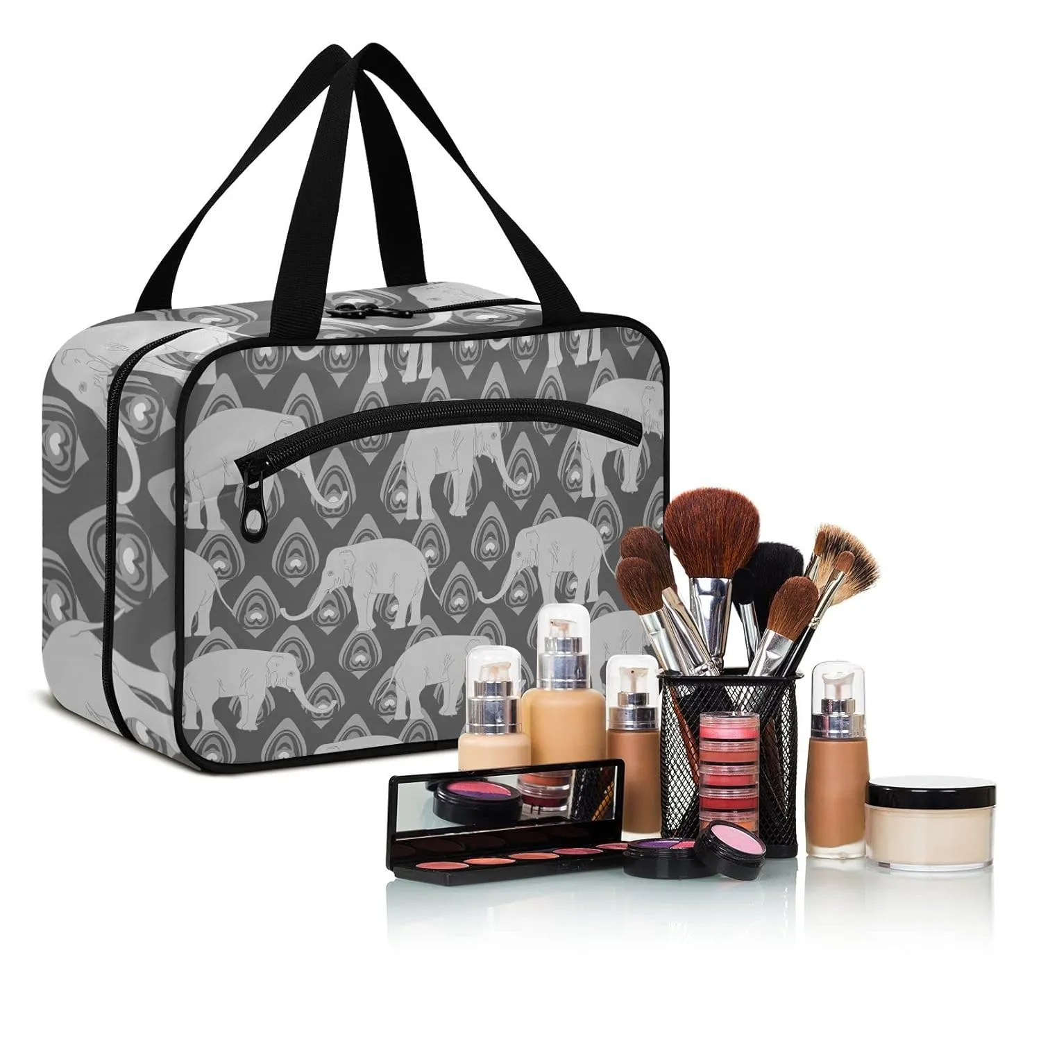 Grey Monochrome Tribal Ethnic Indian Elephant Peacock Feather 1 PC Hanging Travel Wash bag with Handles, Portable Makeup Organizer Brush Storage Case Portable Travel Cosmetic with Hook M