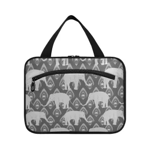Grey Monochrome Tribal Ethnic Indian Elephant Peacock Feather 1 PC Hanging Travel Wash bag with Handles, Portable Makeup Organizer Brush Storage Case Portable Travel Cosmetic with Hook M
