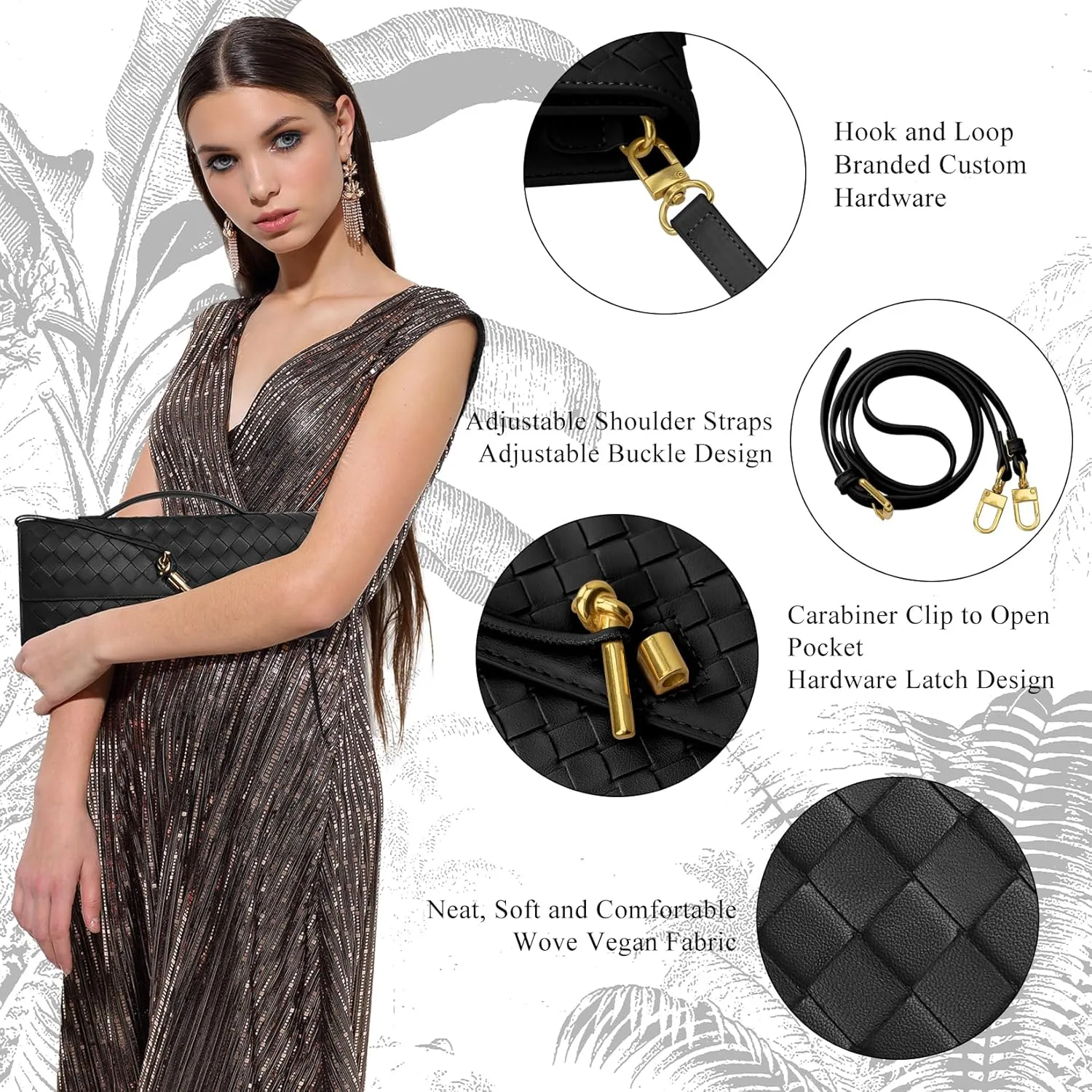 GRQ Woven Handmade Clutch Purse for Women, Elegant PU Leather Handbag, Removable Handle, Spacious for Evening & Formal Events
