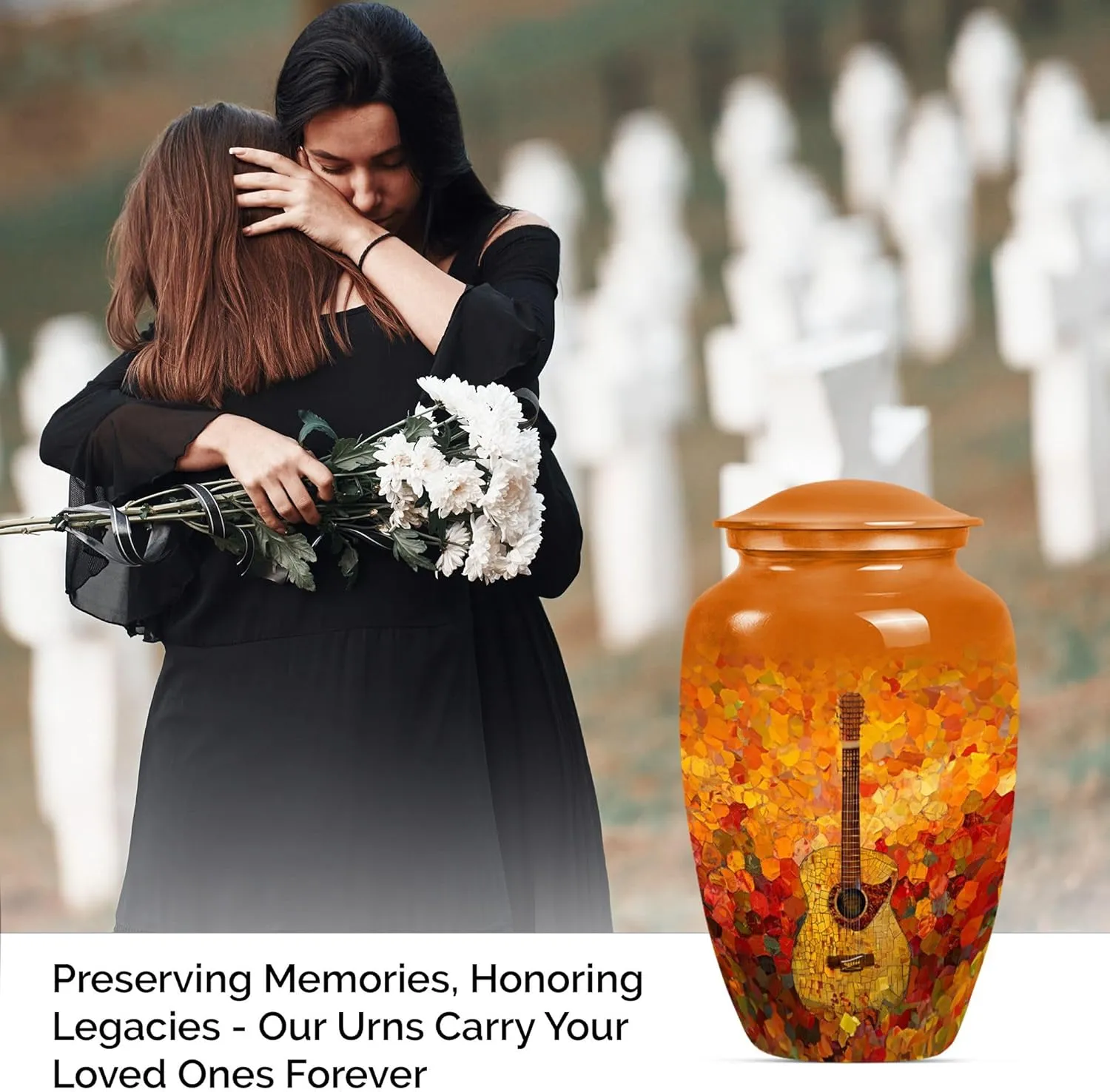 Guitar Urn - Keepsake Urn for Men & Women - Small Urns for Human Ashes - Urn for Adult Female Ashes - Burial Urns for Ashes - Combo of 1 Large Urn with Velvet Bag and 1 Small