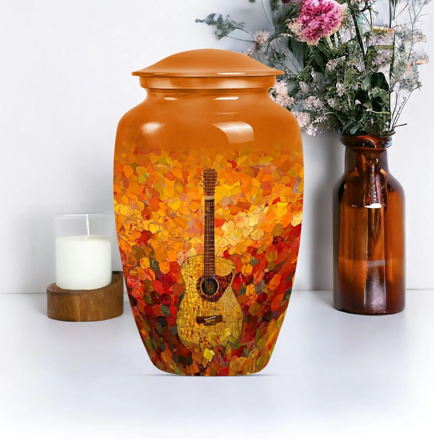 Guitar Urn - Keepsake Urn for Men & Women - Small Urns for Human Ashes - Urn for Adult Female Ashes - Burial Urns for Ashes - Combo of 1 Large Urn with Velvet Bag and 1 Small