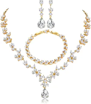 Hadskiss Jewelry Set for Women, Necklace Dangle Earrings Bracelet Set with White AAA Cubic Zirconia, Allergy Free Wedding Party Jewelry for Bridal Bridesmaid