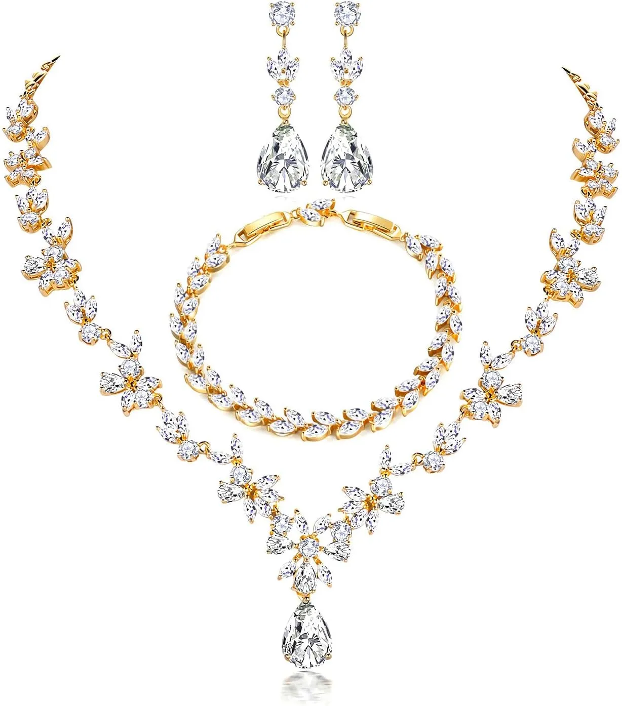 Hadskiss Jewelry Set for Women, Necklace Dangle Earrings Bracelet Set with White AAA Cubic Zirconia, Allergy Free Wedding Party Jewelry for Bridal Bridesmaid