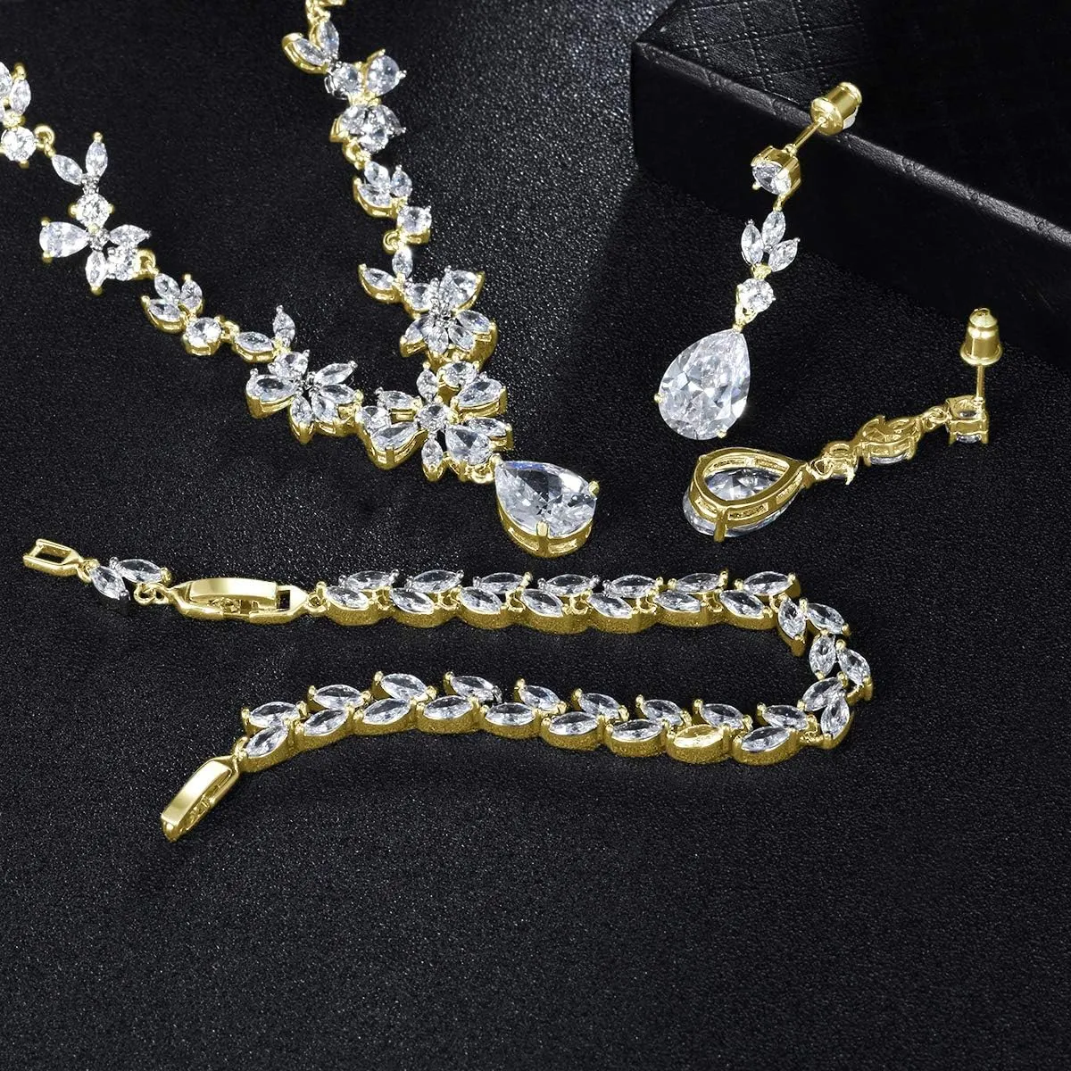 Hadskiss Jewelry Set for Women, Necklace Dangle Earrings Bracelet Set with White AAA Cubic Zirconia, Allergy Free Wedding Party Jewelry for Bridal Bridesmaid