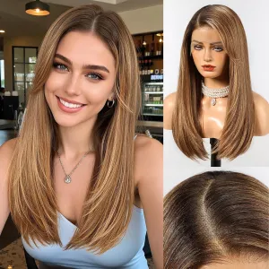 HAIRCUBE 13x6 HD Transparent Lace Front Wig, Ombre Chestnut Brown Long Straight Synthetic Glueless Wig with Natural Density Hairline & Adjustable Cap
