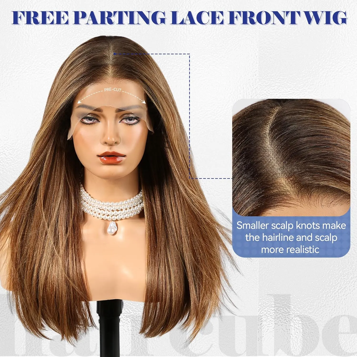 HAIRCUBE 13x6 HD Transparent Lace Front Wig, Ombre Chestnut Brown Long Straight Synthetic Glueless Wig with Natural Density Hairline & Adjustable Cap