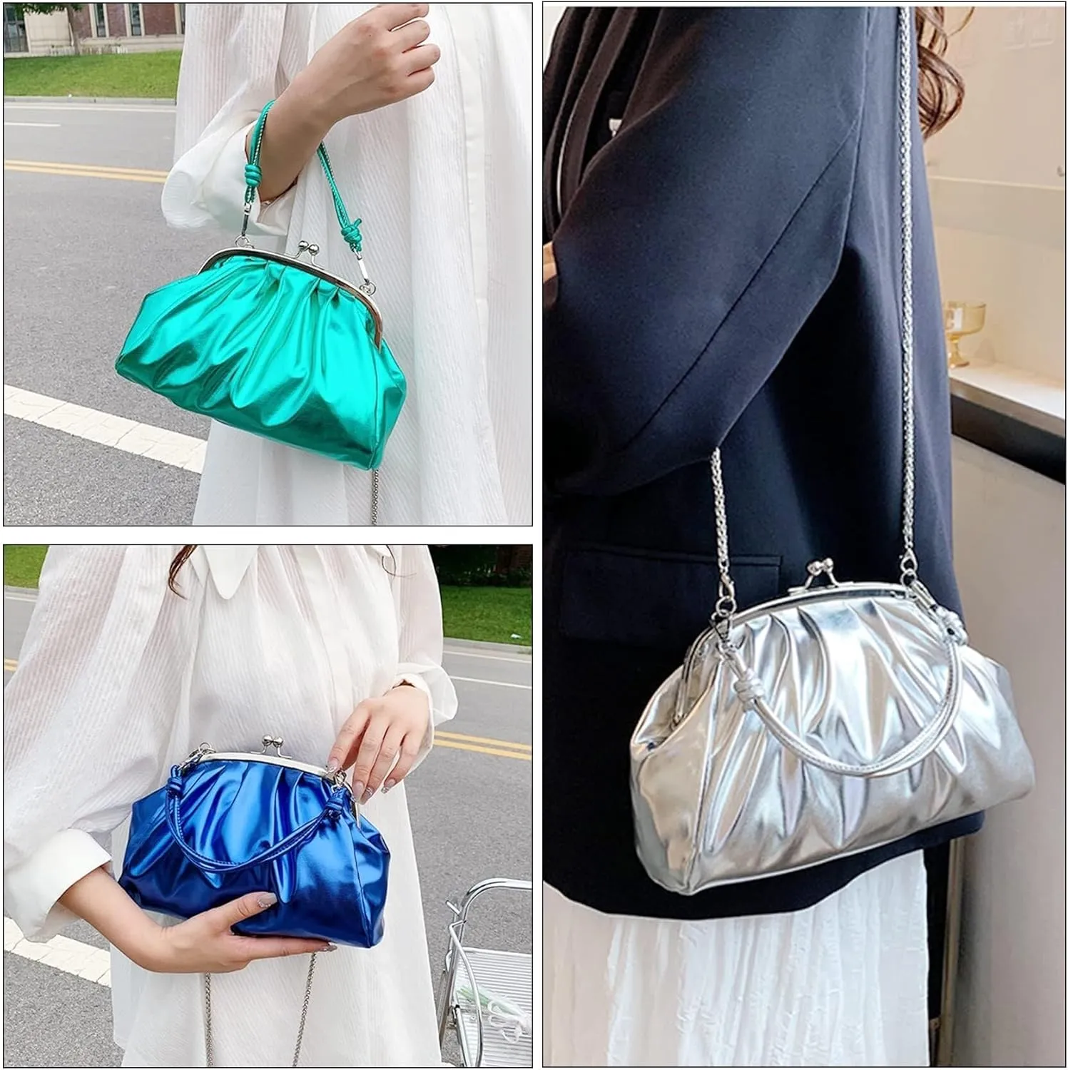 Handbags Shiny Patent Leather Evening Bag Pleated Clutch Purses Top Handle Satchel with Detachable Chain Well made