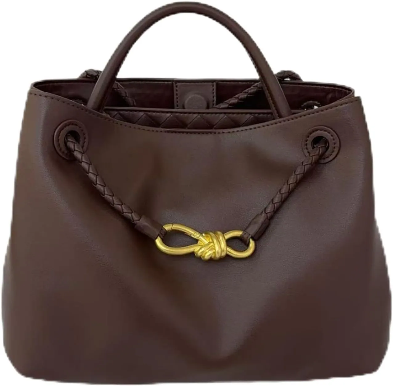 Handcrafted Premium Leather Handbag with Metal Rope Buckle, Detachable Braided Strap, Large Capacity