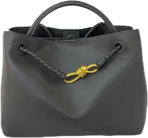 Handcrafted Premium Leather Handbag with Metal Rope Buckle, Detachable Braided Strap, Large Capacity