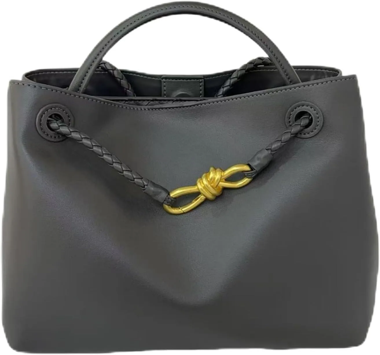Handcrafted Premium Leather Handbag with Metal Rope Buckle, Detachable Braided Strap, Large Capacity