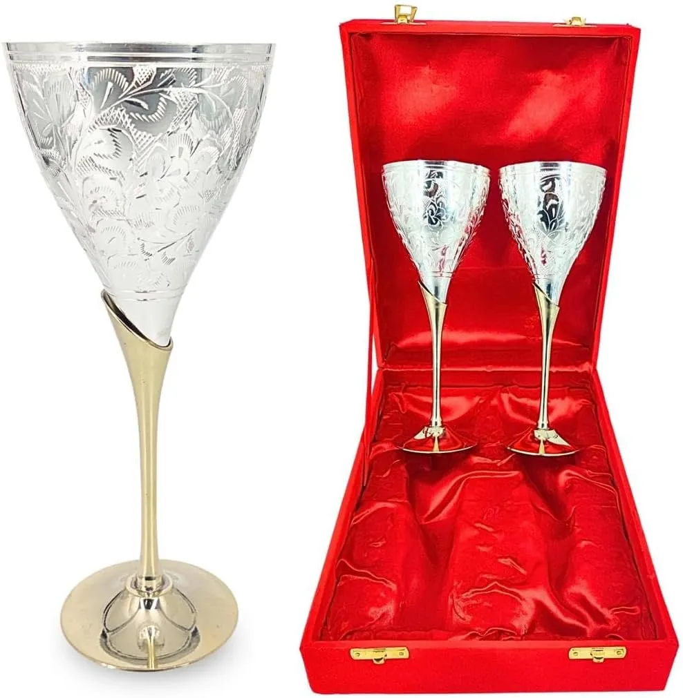 Handmade Brass Champagne Toasting Flutes With Premium Velvet Box - Set of 2 Gothic Chalice Drinkware Wine Glass - Silver Plated Champagne Goblets For Wedding Housewarming Gift Home Décor Couple Gift