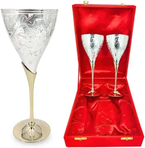 Handmade Brass Champagne Toasting Flutes With Premium Velvet Box - Set of 2 Gothic Chalice Drinkware Wine Glass - Silver Plated Champagne Goblets For Wedding Housewarming Gift Home Décor Couple Gift