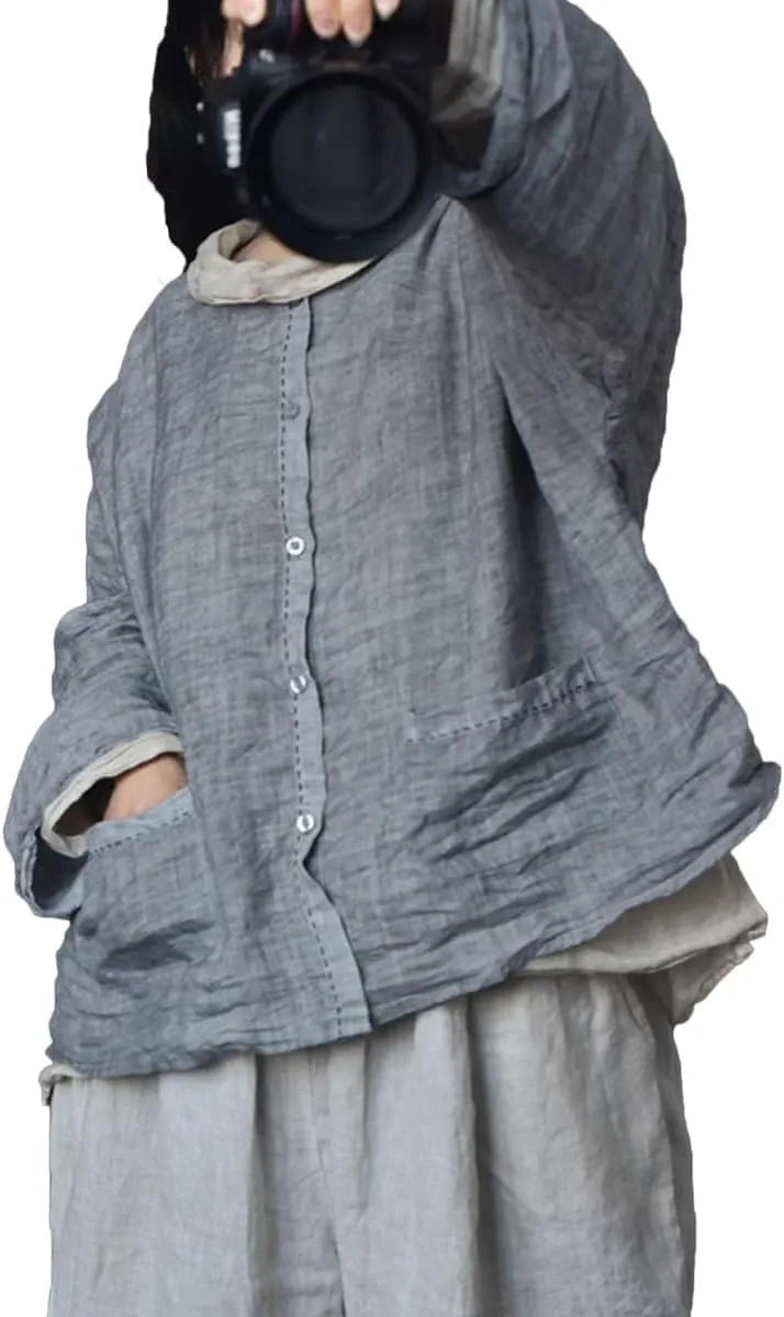 Handmade Clothing Women's Button-Down Ramie Shirt Natural Dye Color Long Sleeve Loose Tops
